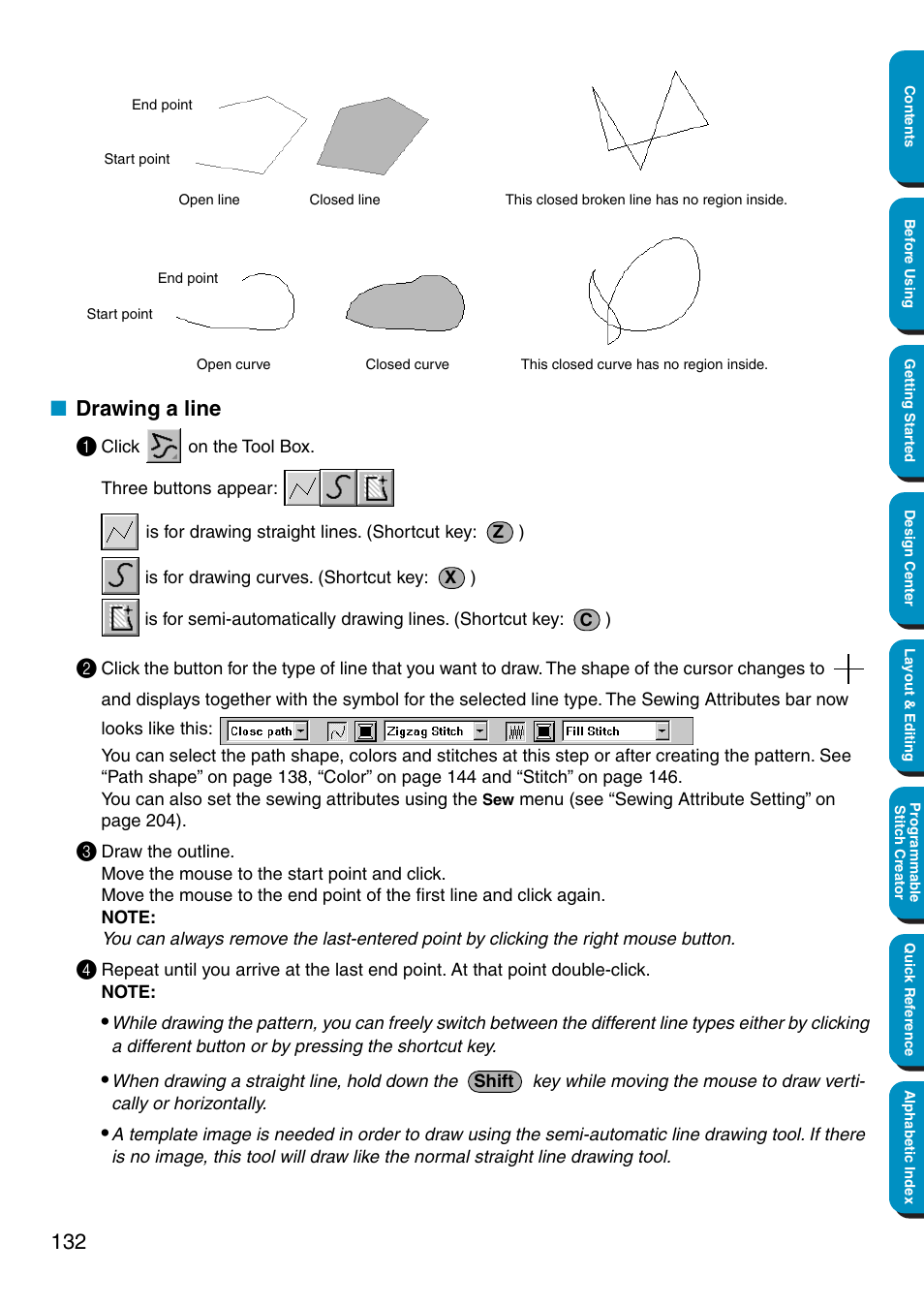 Drawing a line, Drawing a line 1 | Brother PE-DESIGN Ver.5 User Manual | Page 140 / 274