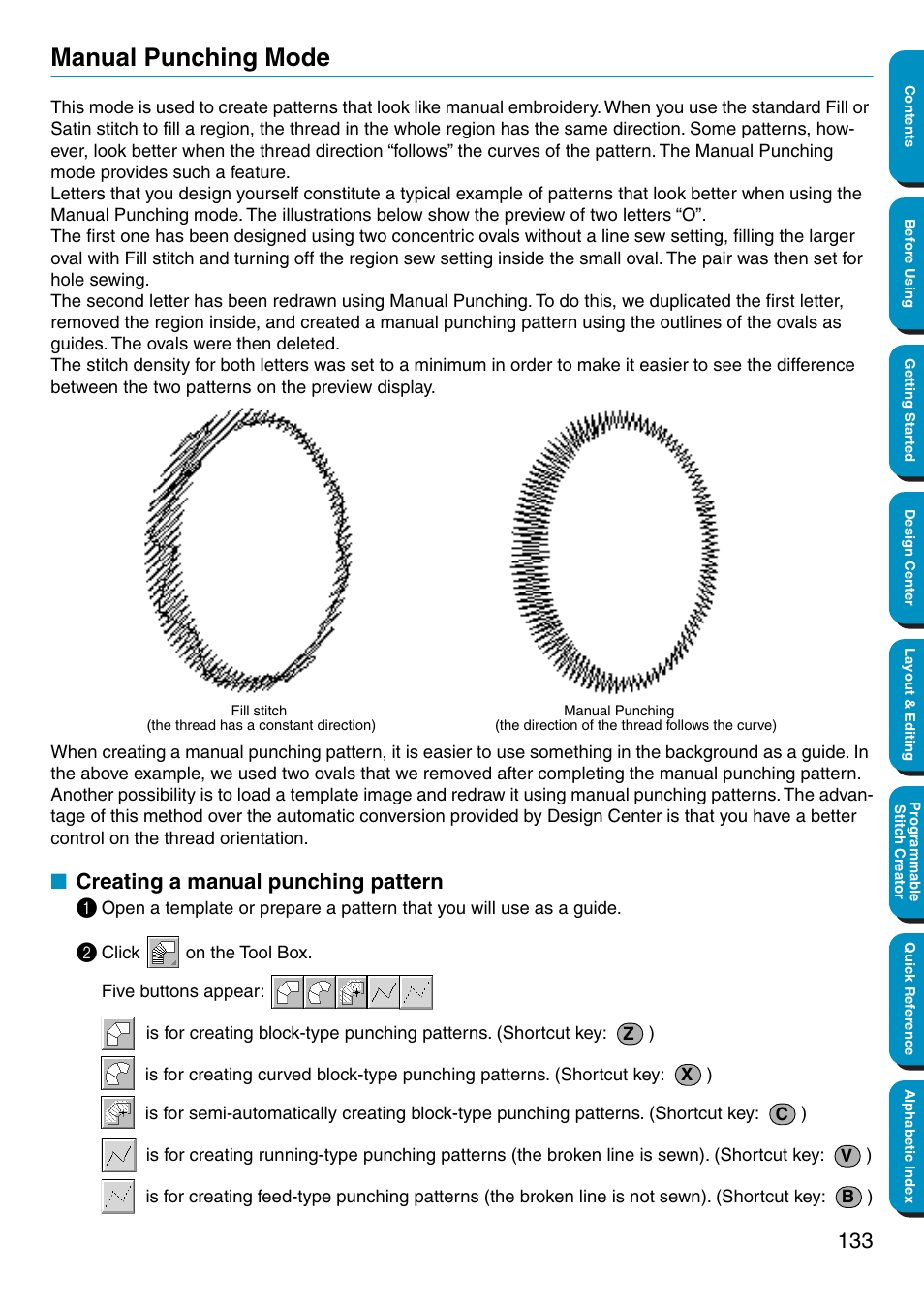 Manual punching mode, Creating a manual punching pattern, Creating a manual punching pattern 1 | Brother PE-DESIGN Ver.5 User Manual | Page 141 / 274