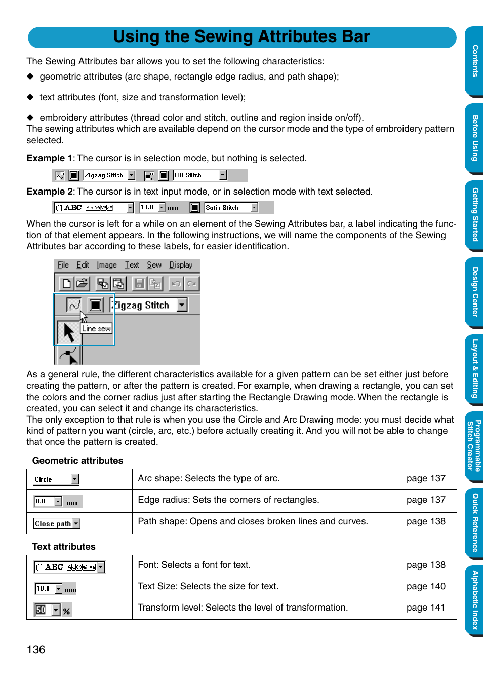 Using the sewing attributes bar | Brother PE-DESIGN Ver.5 User Manual | Page 144 / 274