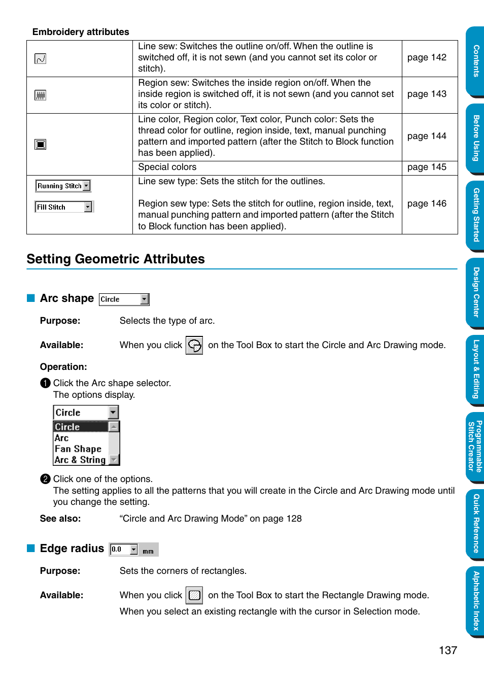 Setting geometric attributes, Arc shape, Edge radius | Arc shape • edge radius | Brother PE-DESIGN Ver.5 User Manual | Page 145 / 274
