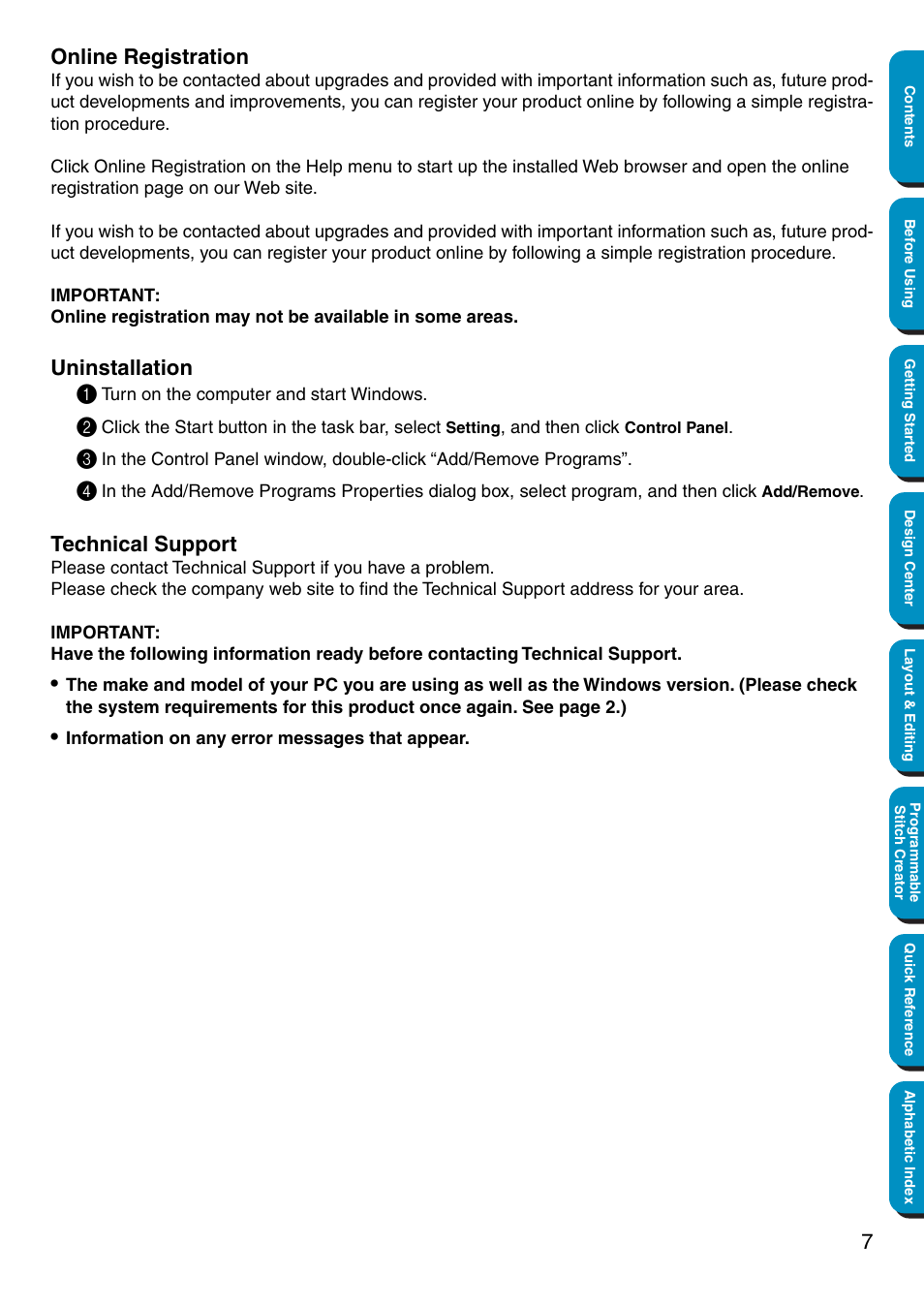 Online registration, Uninstallation, Technical support | Uninstallation 1 | Brother PE-DESIGN Ver.5 User Manual | Page 15 / 274
