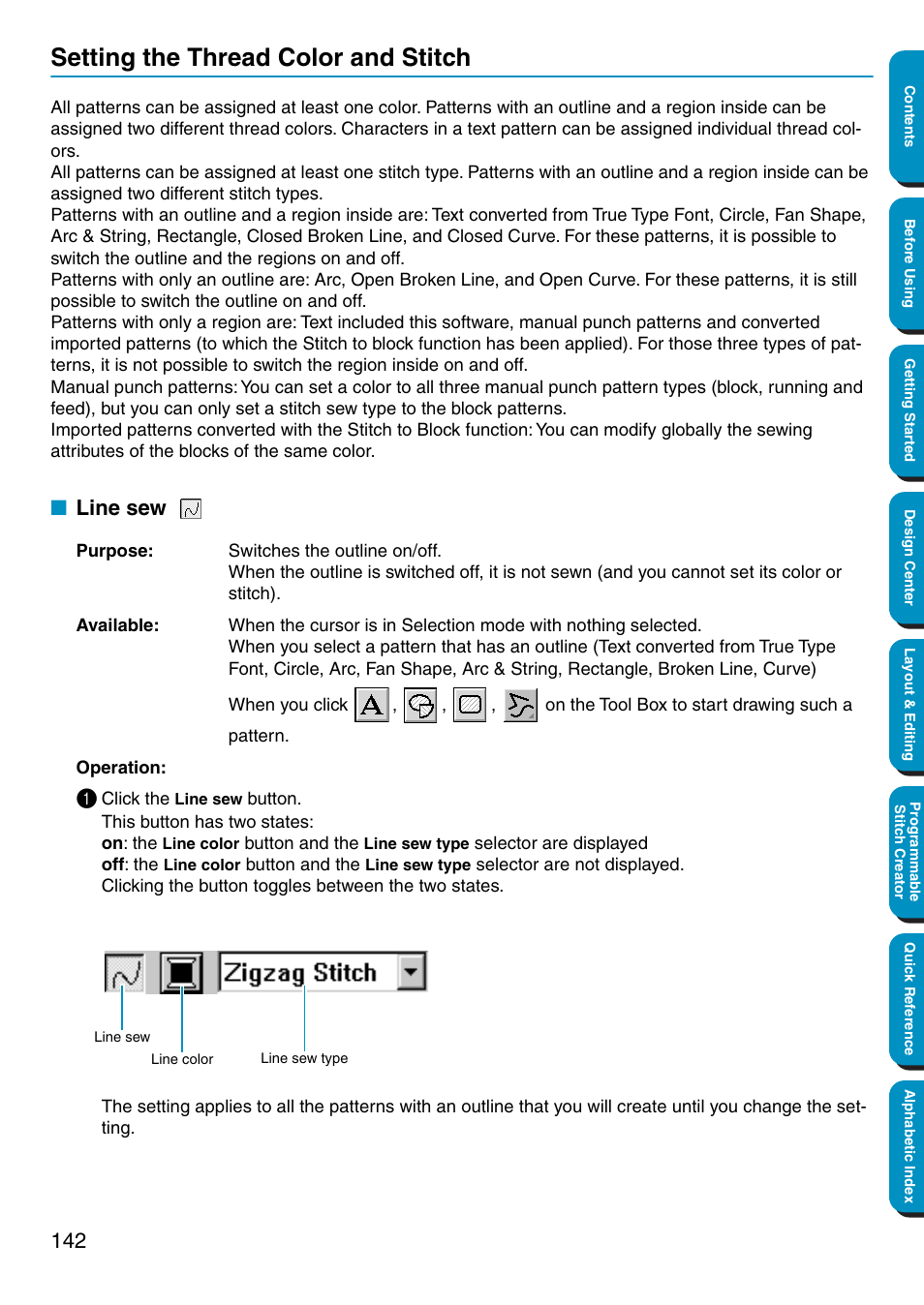 Setting the thread color and stitch, Line sew | Brother PE-DESIGN Ver.5 User Manual | Page 150 / 274