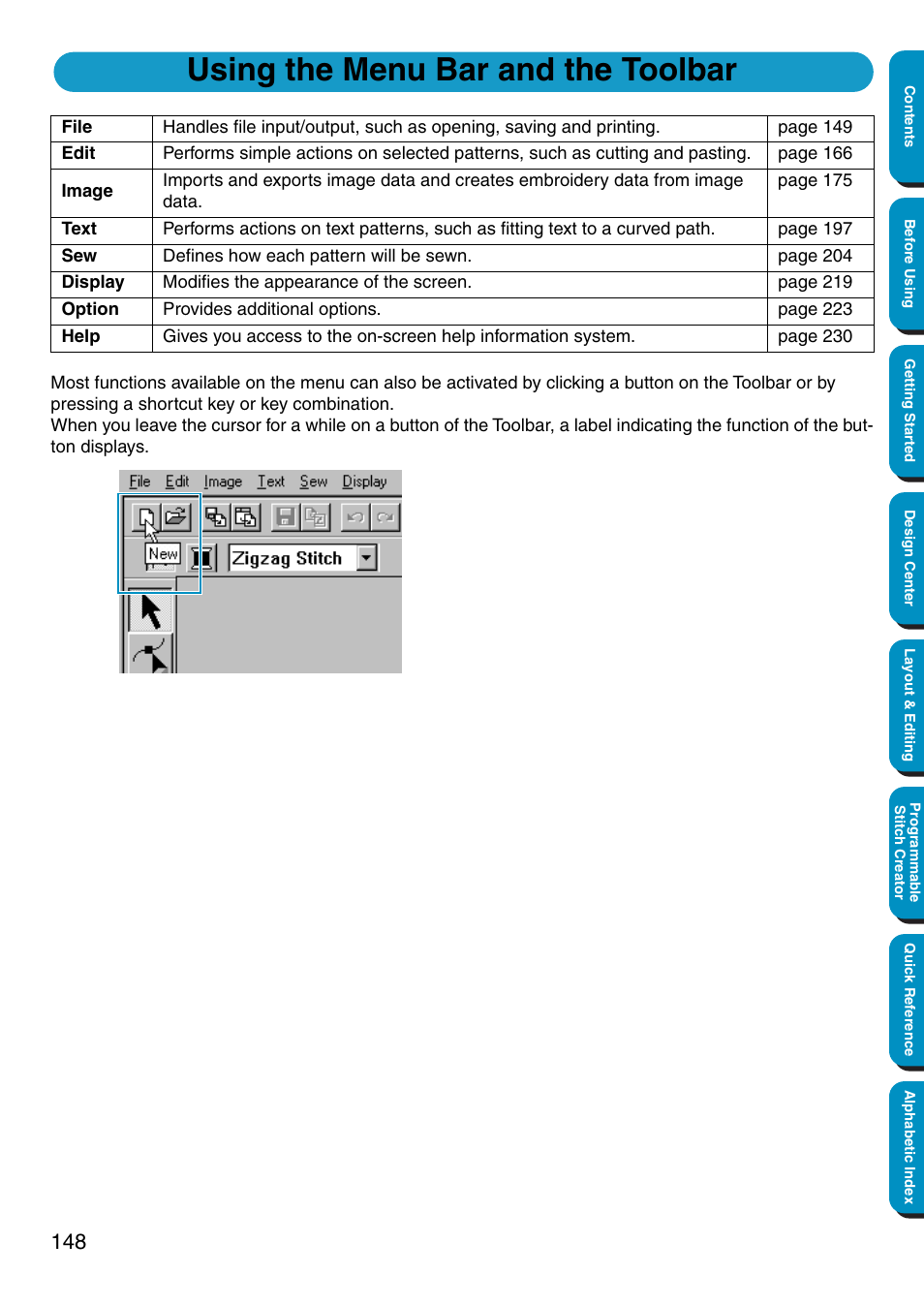 Using the menu bar and the toolbar | Brother PE-DESIGN Ver.5 User Manual | Page 156 / 274