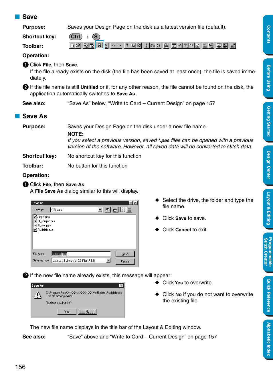 Save, Save as, Save • save as | Brother PE-DESIGN Ver.5 User Manual | Page 164 / 274