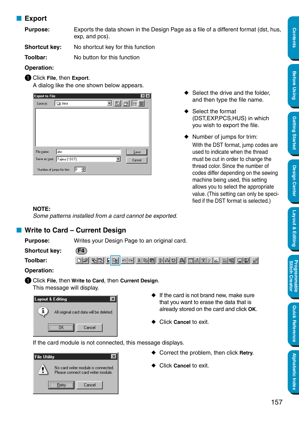 Export, Write to card – current design, Export • write to card – current design | Brother PE-DESIGN Ver.5 User Manual | Page 165 / 274