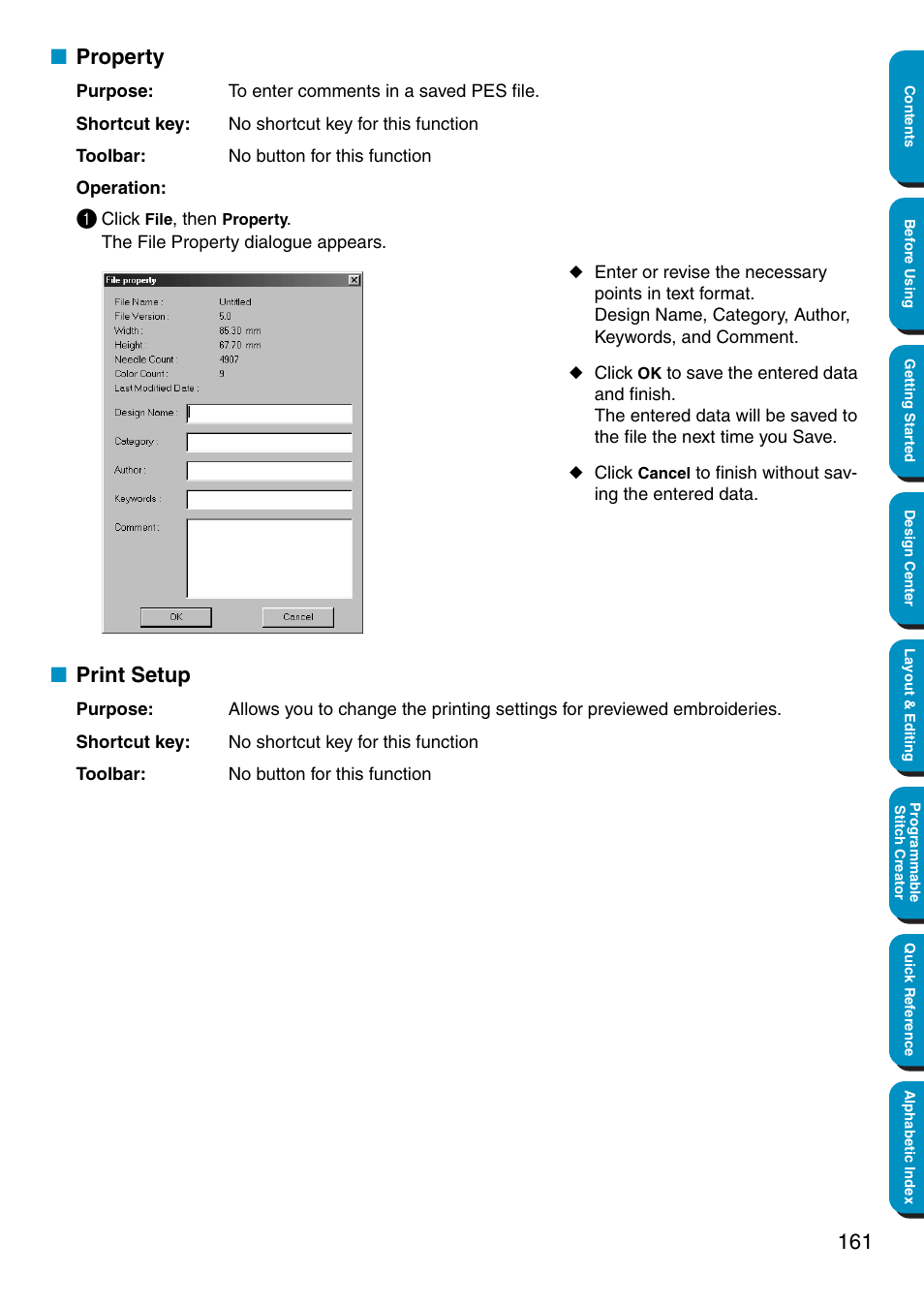 Property, Print setup, Property • print setup | Brother PE-DESIGN Ver.5 User Manual | Page 169 / 274