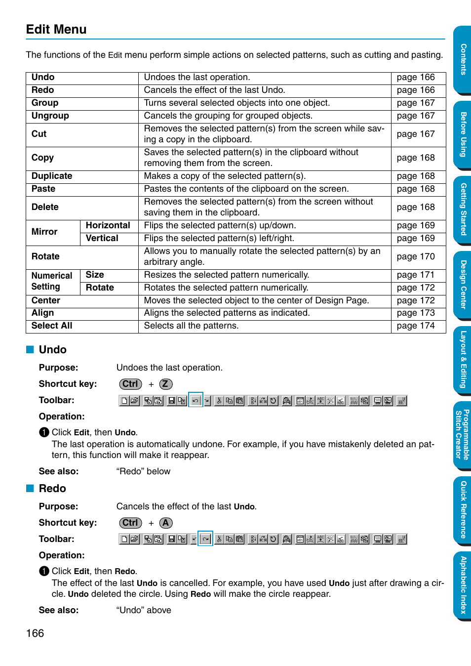 Edit menu, Undo, Redo | Brother PE-DESIGN Ver.5 User Manual | Page 174 / 274