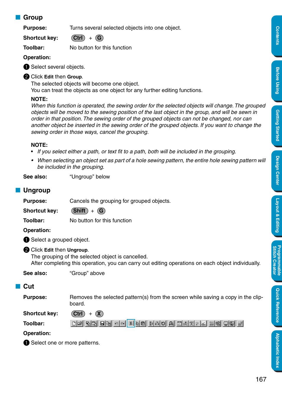 Group, Ungroup, Group • ungroup • cut | Brother PE-DESIGN Ver.5 User Manual | Page 175 / 274