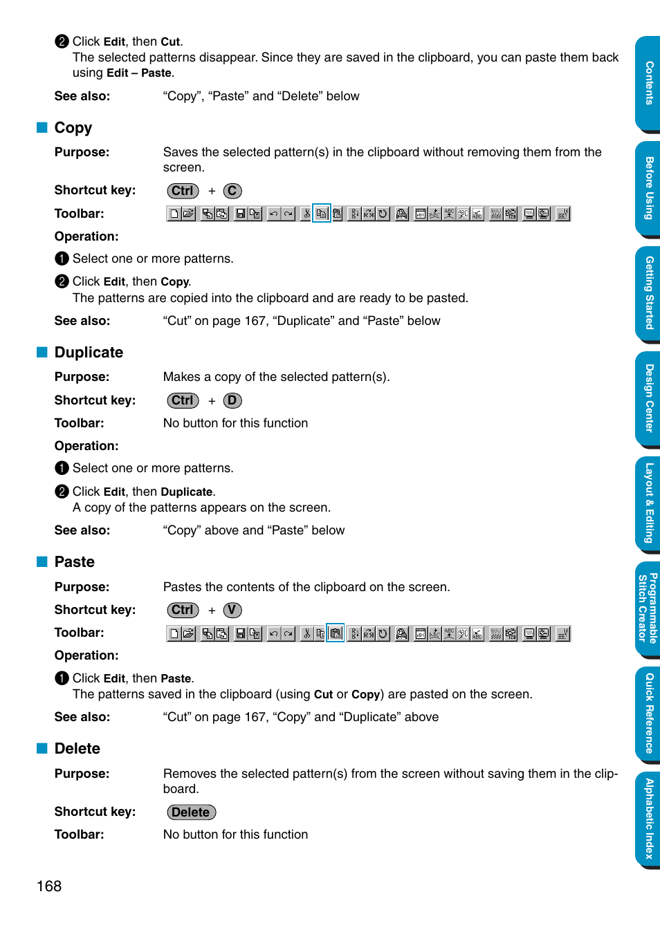 Copy, Duplicate, Paste | Delete, Copy • duplicate • paste • delete | Brother PE-DESIGN Ver.5 User Manual | Page 176 / 274