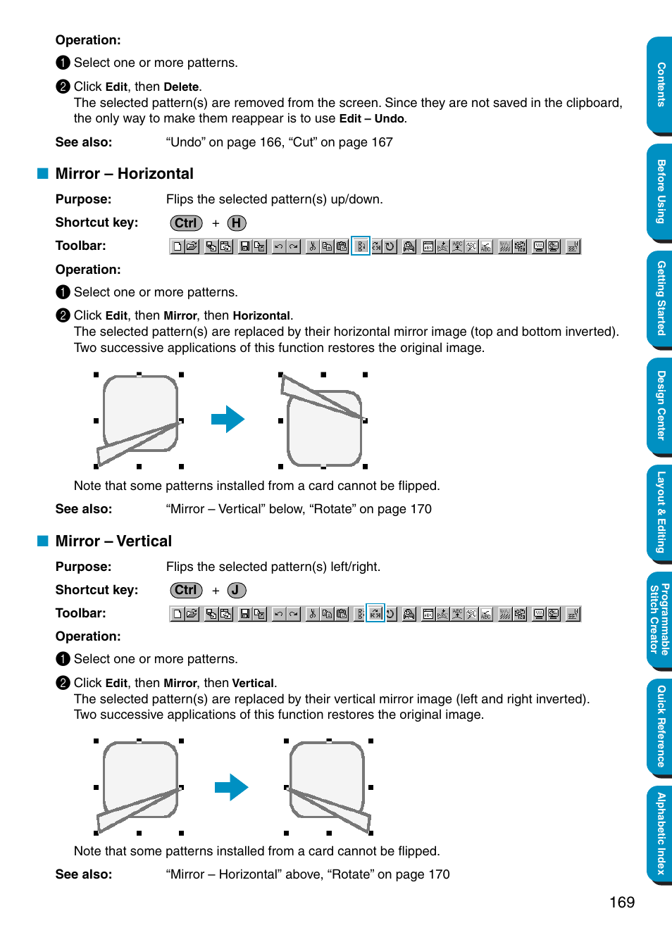Mirror – horizontal, Mirror – vertical, Mirror – horizontal • mirror – vertical | Brother PE-DESIGN Ver.5 User Manual | Page 177 / 274