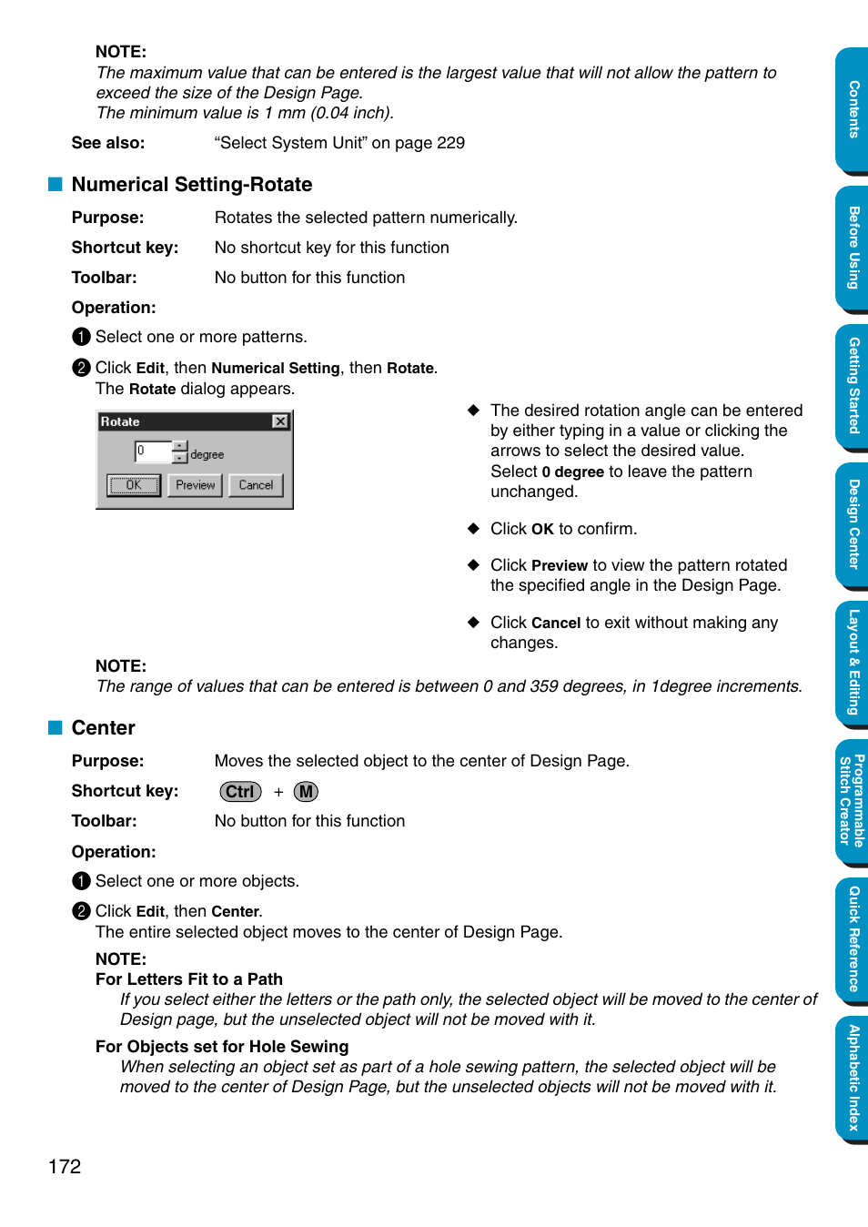 Numerical setting-rotate, Center, Numerical setting-rotate • center | Brother PE-DESIGN Ver.5 User Manual | Page 180 / 274