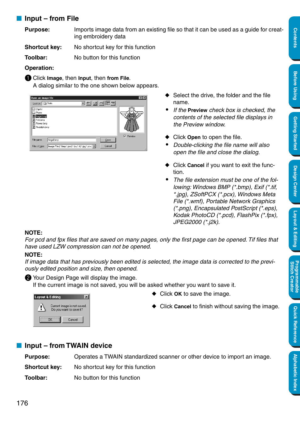 Input – from file, Input – from twain device, Input – from file • input – from twain device | Brother PE-DESIGN Ver.5 User Manual | Page 184 / 274