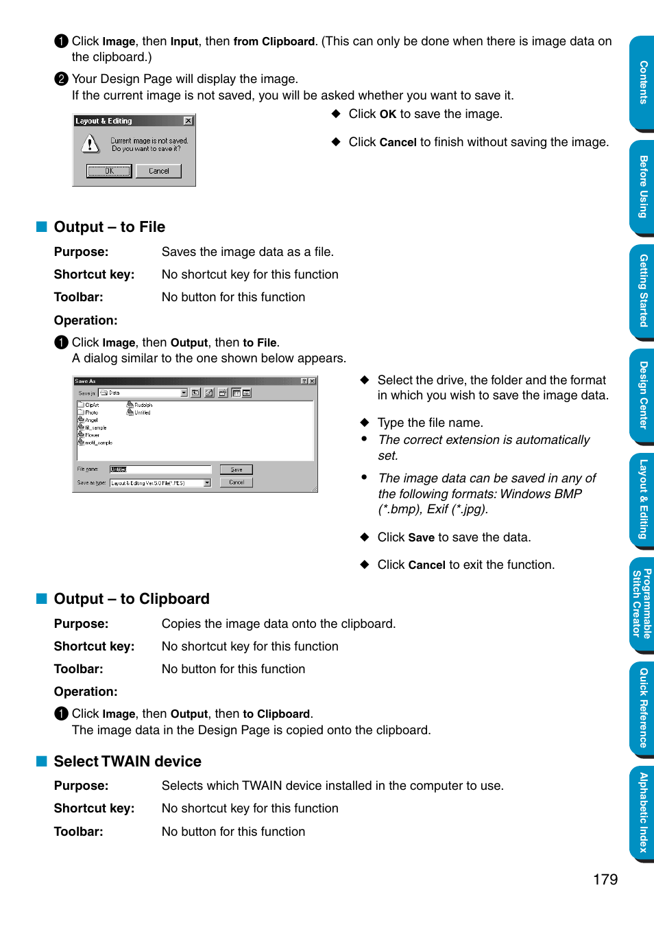 Output – to file, Output – to clipboard, Select twain device | Brother PE-DESIGN Ver.5 User Manual | Page 187 / 274