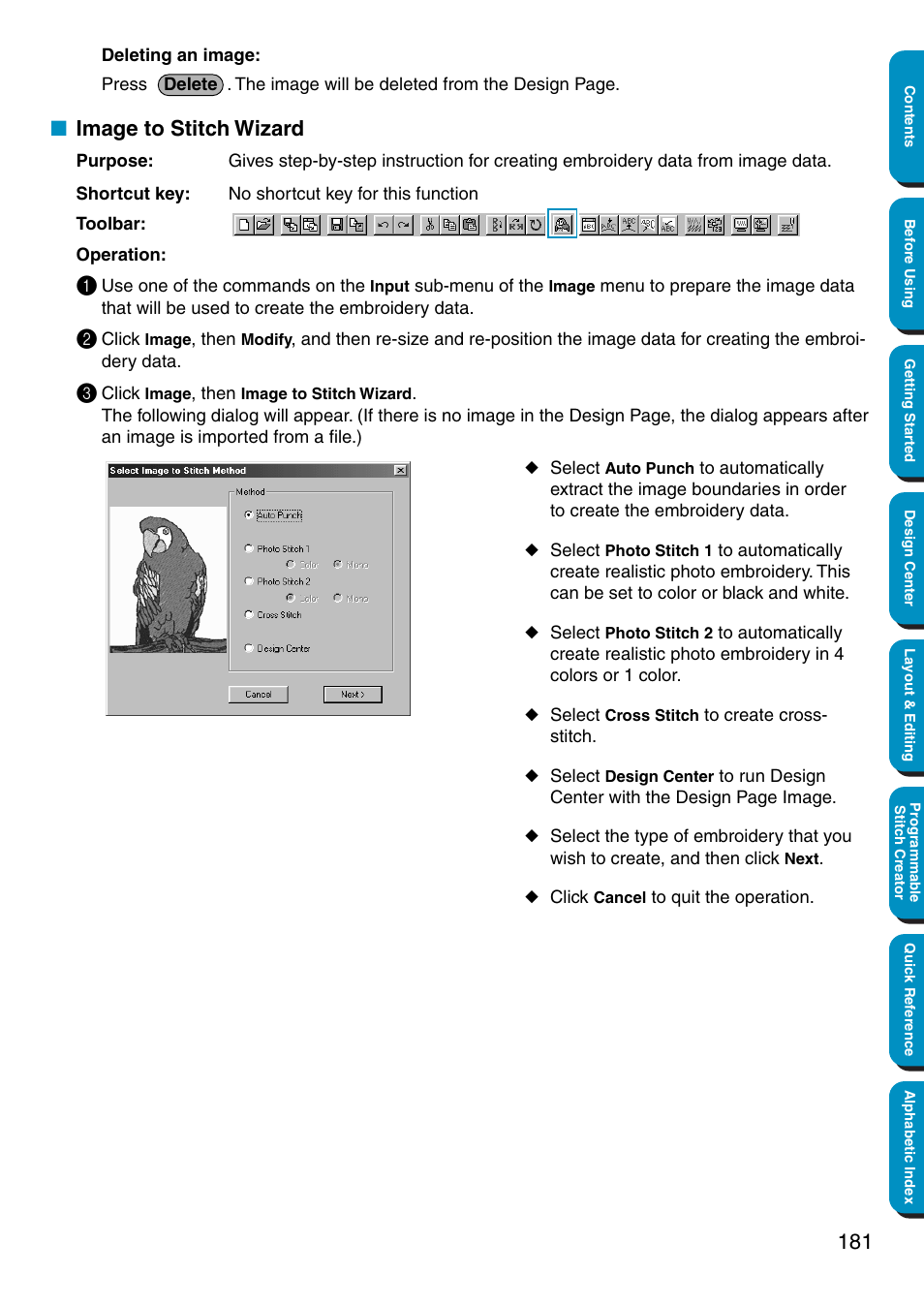 Image to stitch wizard | Brother PE-DESIGN Ver.5 User Manual | Page 189 / 274
