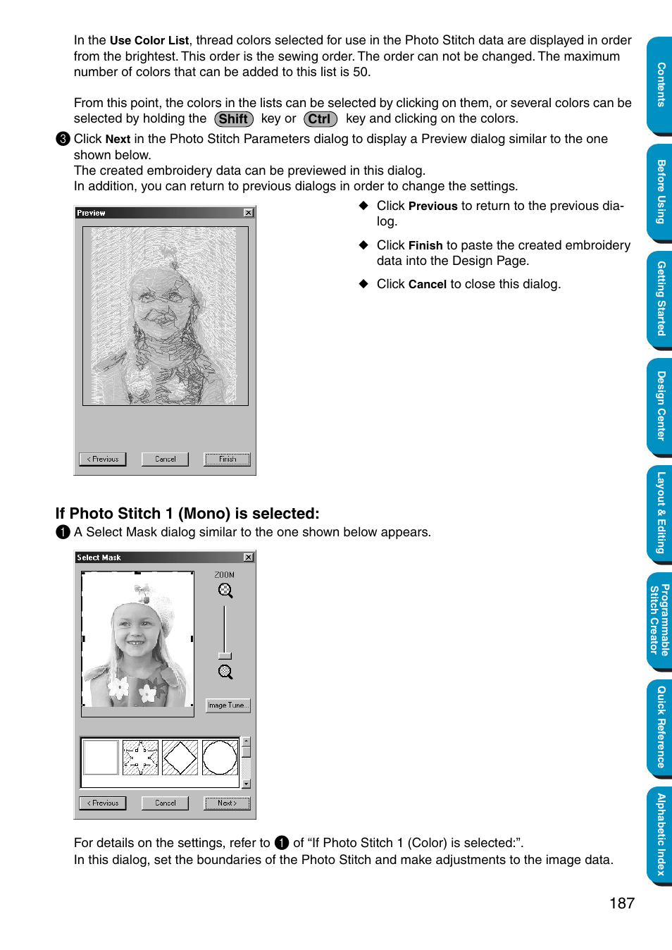 If photo stitch 1 (mono) is selected, If photo stitch 1 (mono) is selected: 1 | Brother PE-DESIGN Ver.5 User Manual | Page 195 / 274