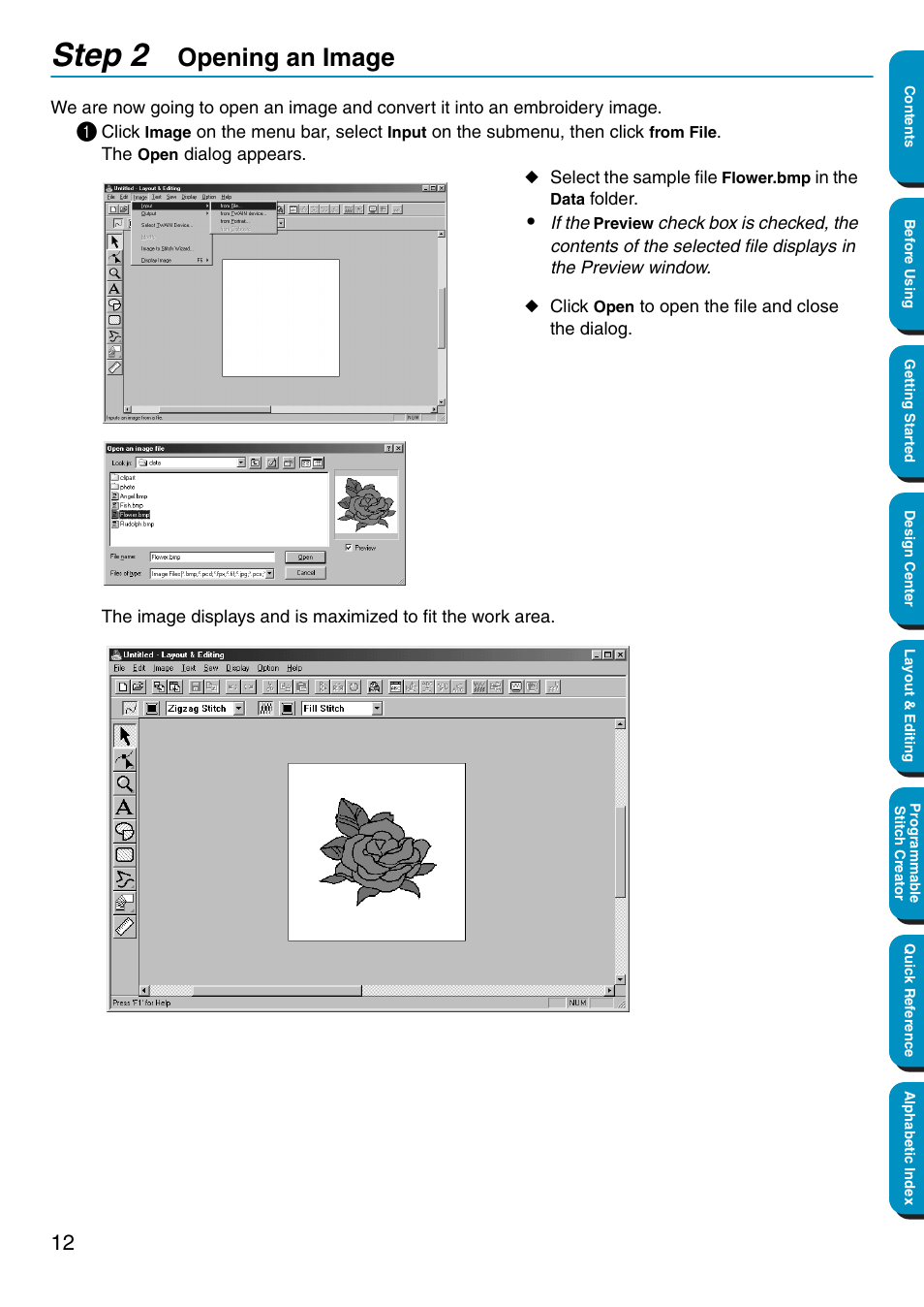 Step 2 opening an image, Opening an image, Step 2 | Brother PE-DESIGN Ver.5 User Manual | Page 20 / 274