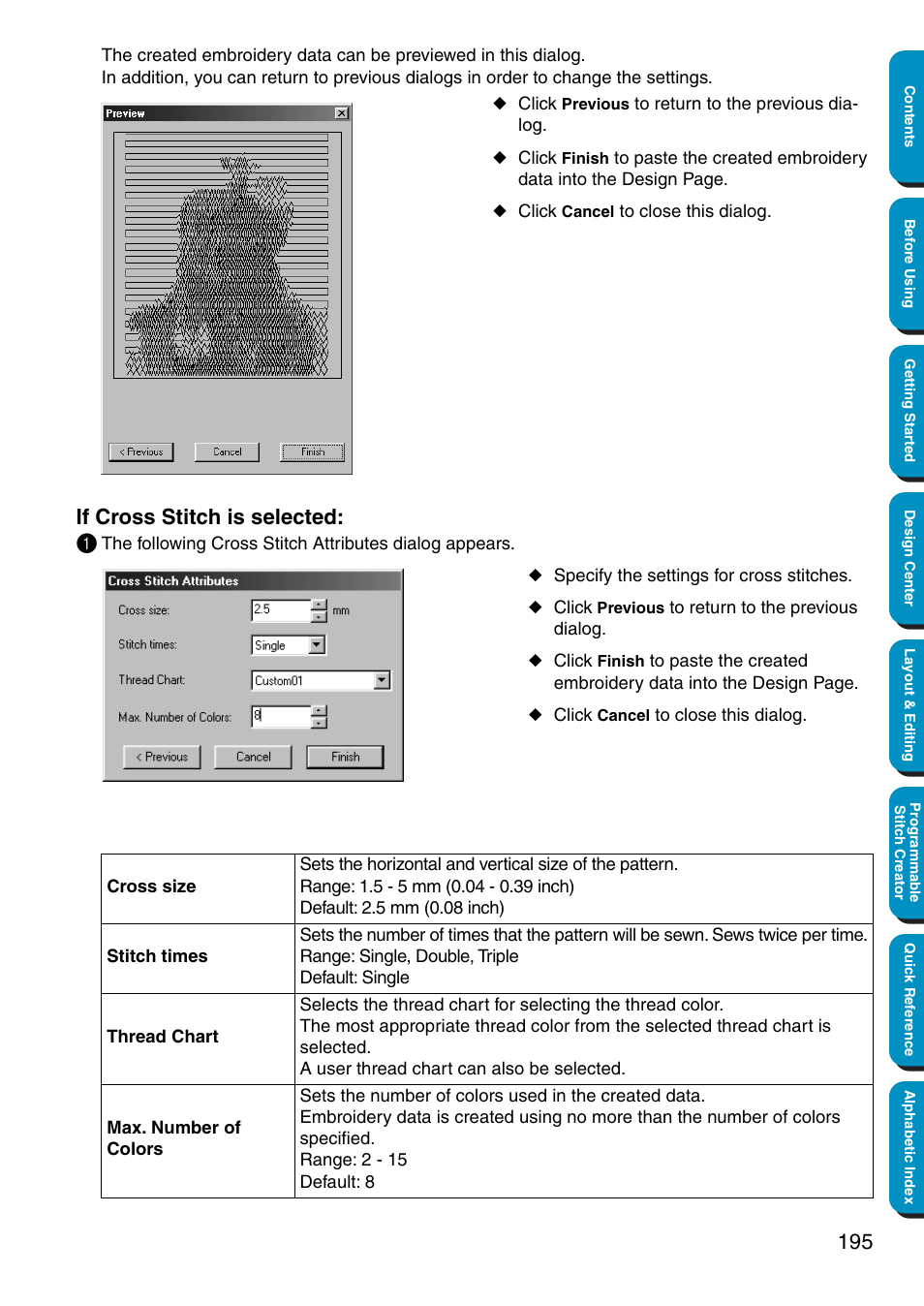 If cross stitch is selected, If cross stitch is selected: 1 | Brother PE-DESIGN Ver.5 User Manual | Page 203 / 274