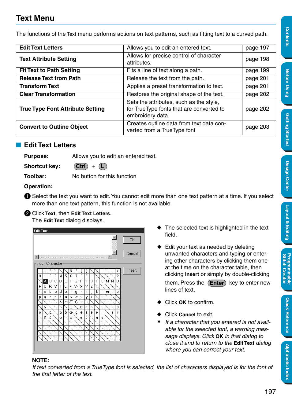Text menu, Edit text letters | Brother PE-DESIGN Ver.5 User Manual | Page 205 / 274