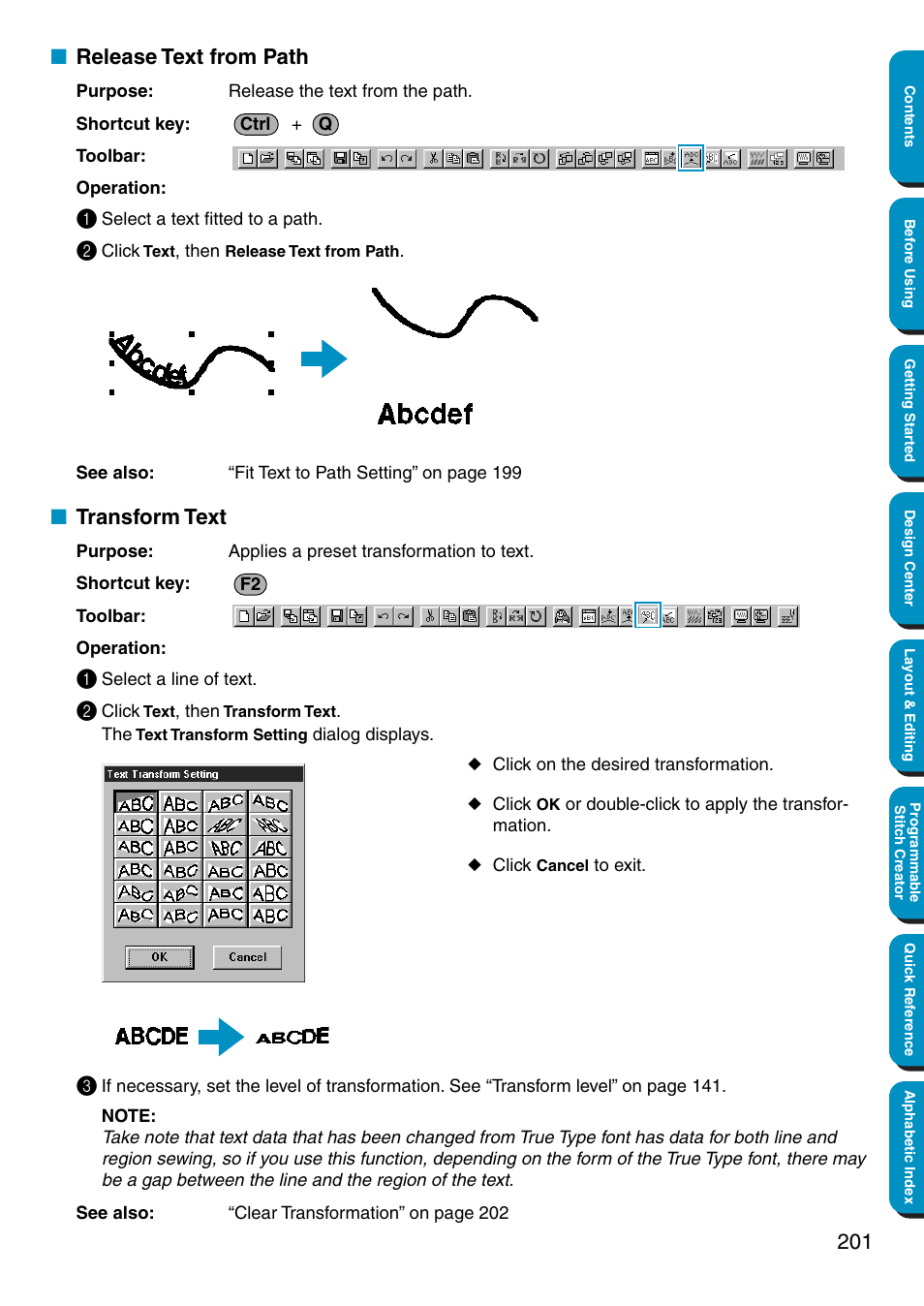 Release text from path, Transform text, Release text from path • transform text | Brother PE-DESIGN Ver.5 User Manual | Page 209 / 274