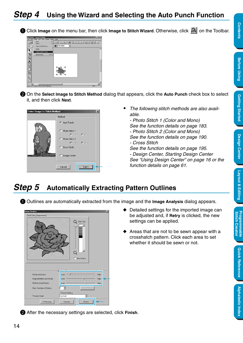 Step 5 automatically extracting pattern outlines, Step 4, Step 5 | Automatically extracting pattern outlines | Brother PE-DESIGN Ver.5 User Manual | Page 22 / 274