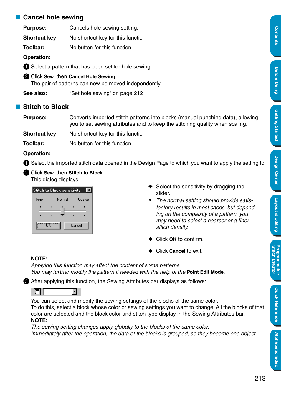 Cancel hole sewing, Stitch to block, Cancel hole sewing • stitch to block | Brother PE-DESIGN Ver.5 User Manual | Page 221 / 274