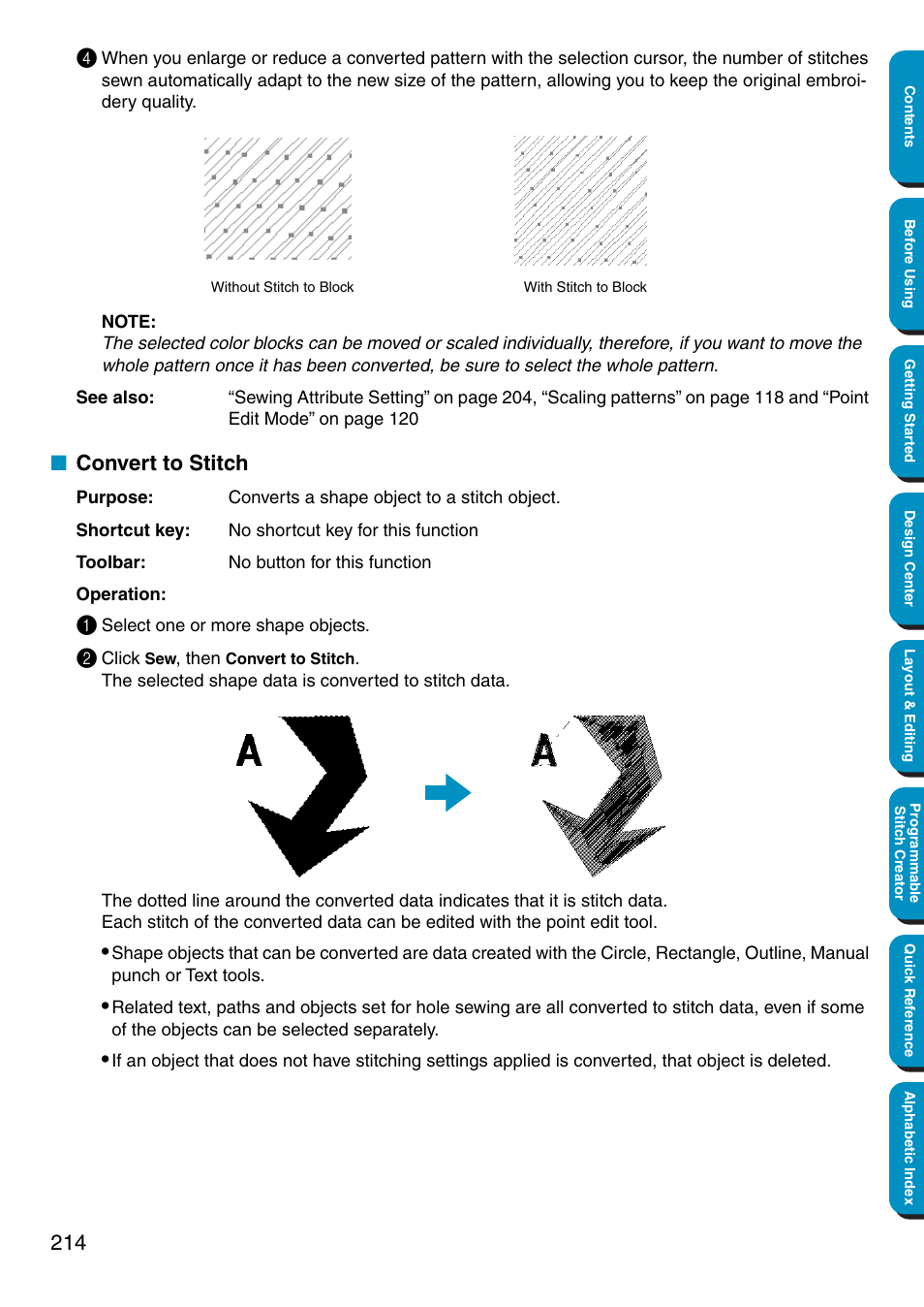 Convert to stitch | Brother PE-DESIGN Ver.5 User Manual | Page 222 / 274