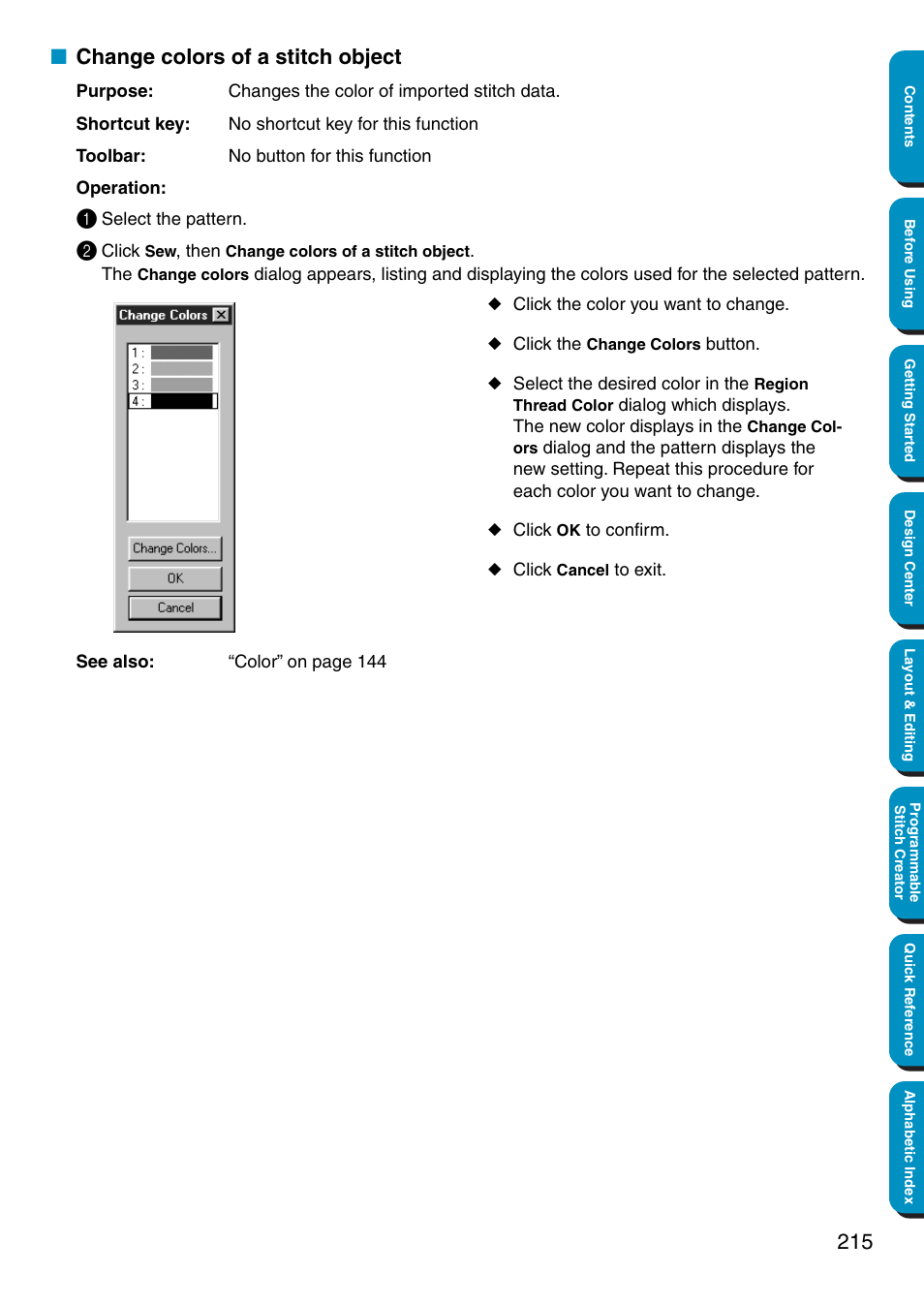 Change colors of a stitch object | Brother PE-DESIGN Ver.5 User Manual | Page 223 / 274