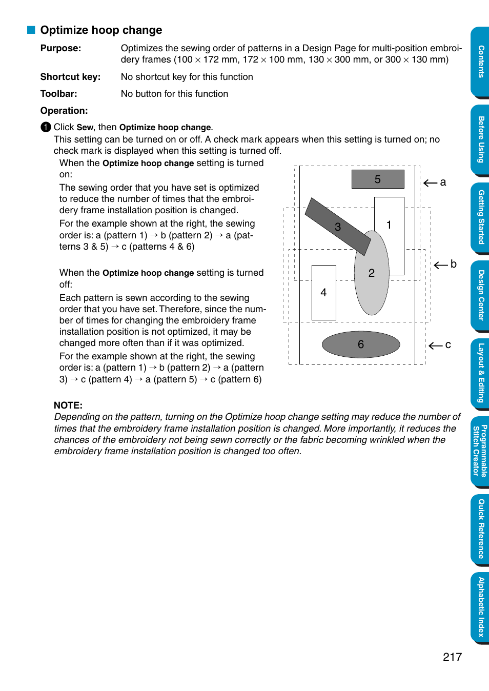 Optimize hoop change | Brother PE-DESIGN Ver.5 User Manual | Page 225 / 274