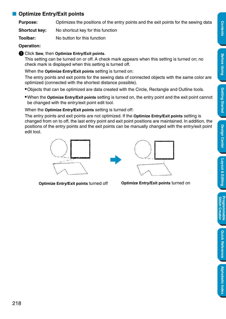 Optimize entry/exit points | Brother PE-DESIGN Ver.5 User Manual | Page 226 / 274