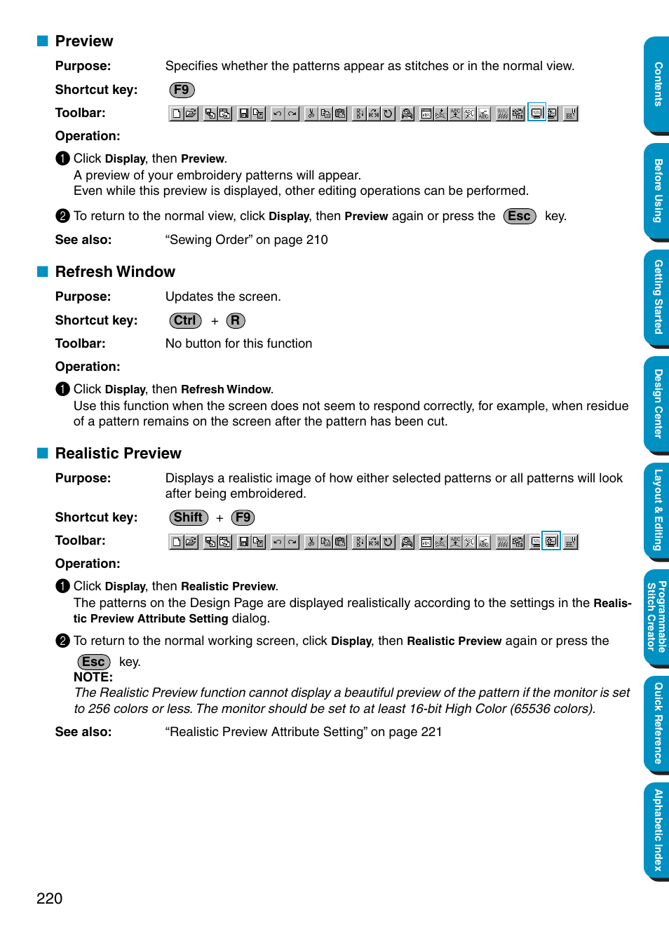 Preview, Refresh window, Realistic preview | Preview • refresh window • realistic preview | Brother PE-DESIGN Ver.5 User Manual | Page 228 / 274