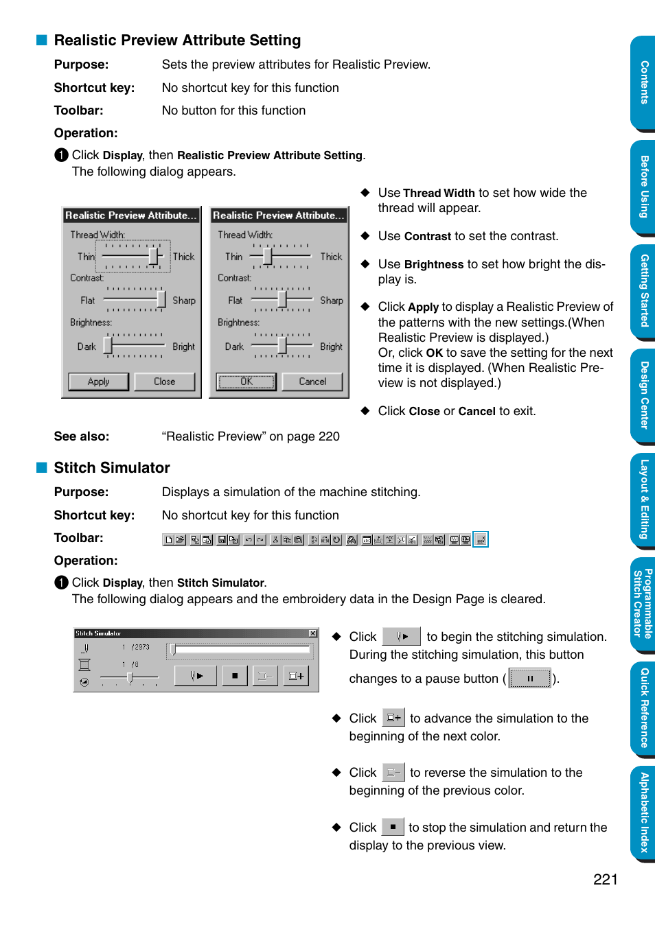 Realistic preview attribute setting, Stitch simulator | Brother PE-DESIGN Ver.5 User Manual | Page 229 / 274