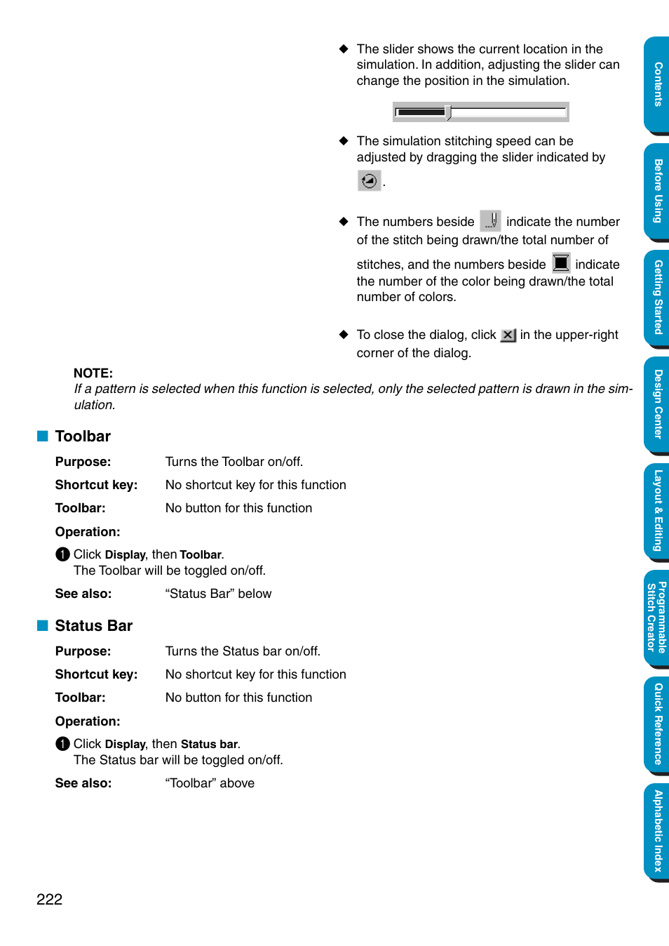 Toolbar, Status bar, Toolbar • status bar | Brother PE-DESIGN Ver.5 User Manual | Page 230 / 274