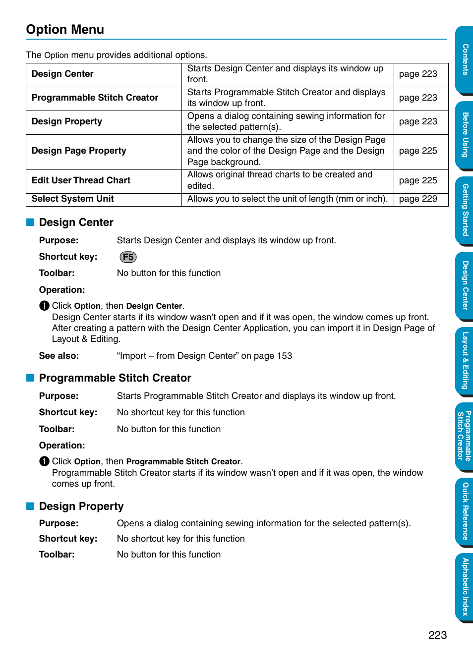 Option menu, Design center, Programmable stitch creator | Design property, Programmable stitch creator • design property | Brother PE-DESIGN Ver.5 User Manual | Page 231 / 274