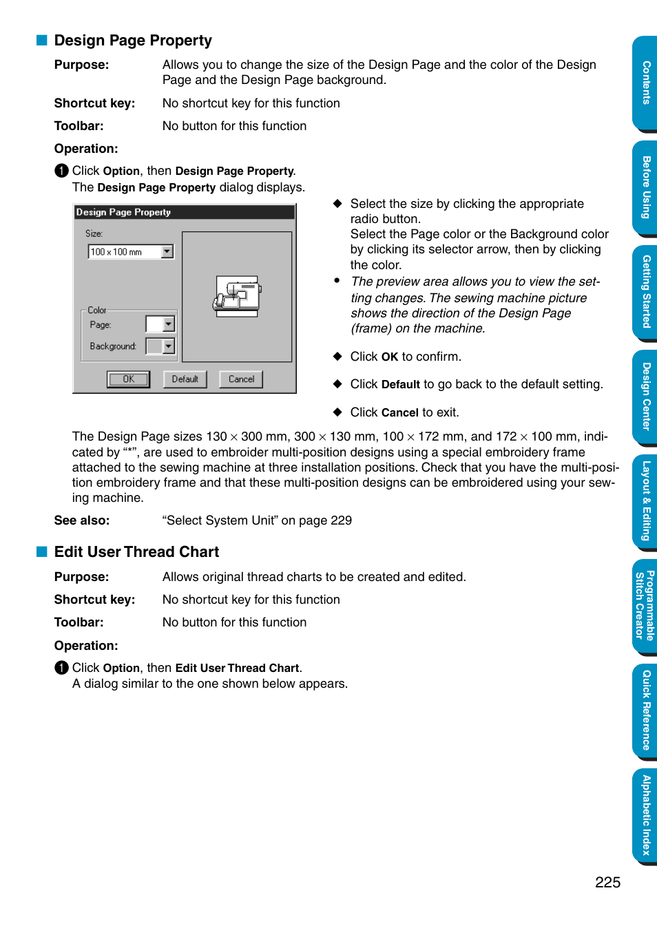 Edit user thread chart, Design page property | Brother PE-DESIGN Ver.5 User Manual | Page 233 / 274