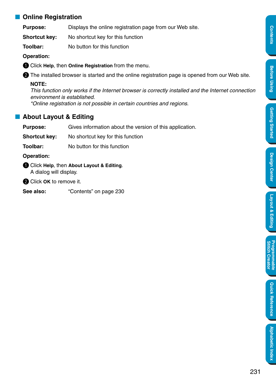 Online registration, About layout & editing, Online registration • about layout & editing | Brother PE-DESIGN Ver.5 User Manual | Page 239 / 274