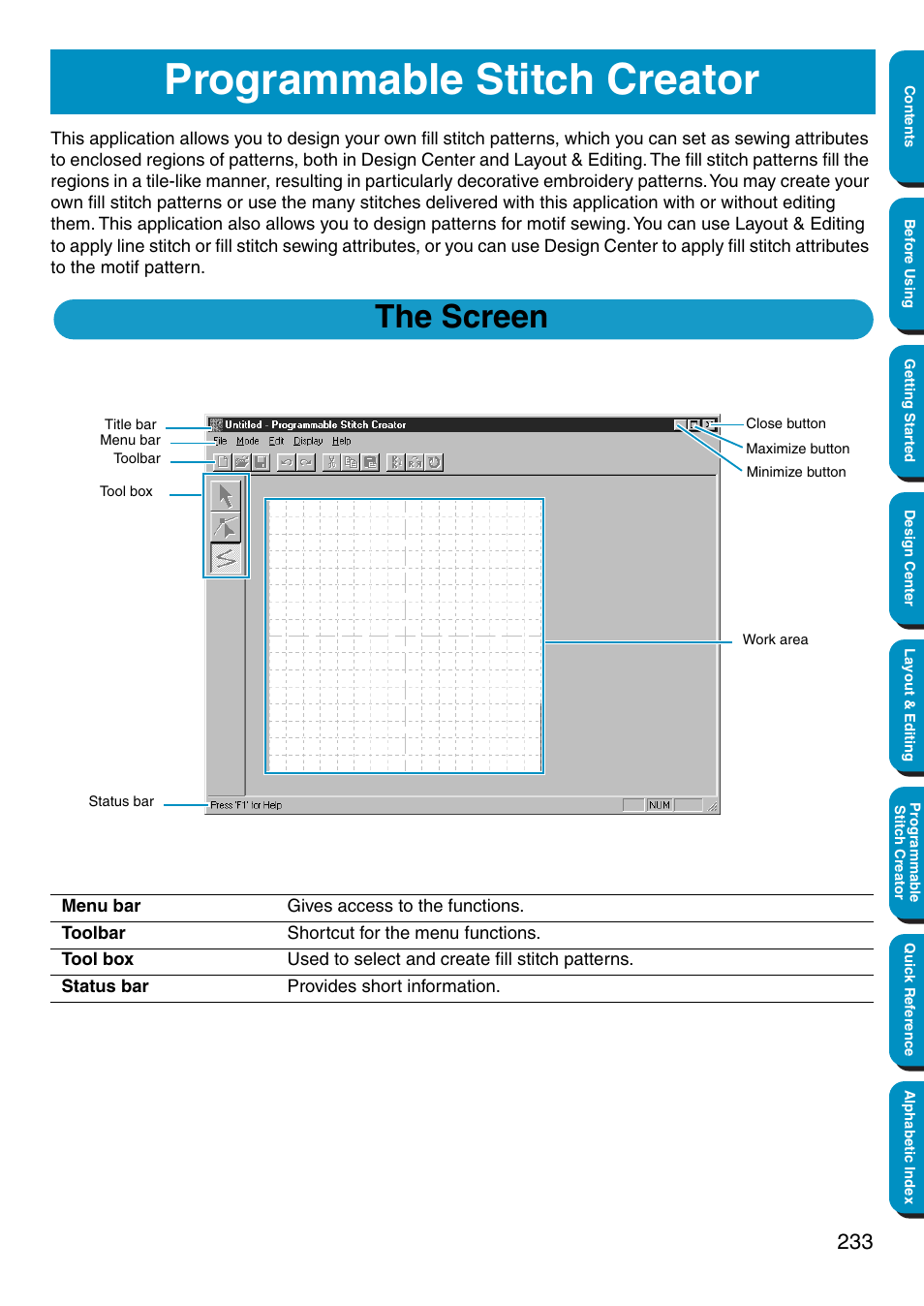 Programmable stitch creator, The screen | Brother PE-DESIGN Ver.5 User Manual | Page 241 / 274