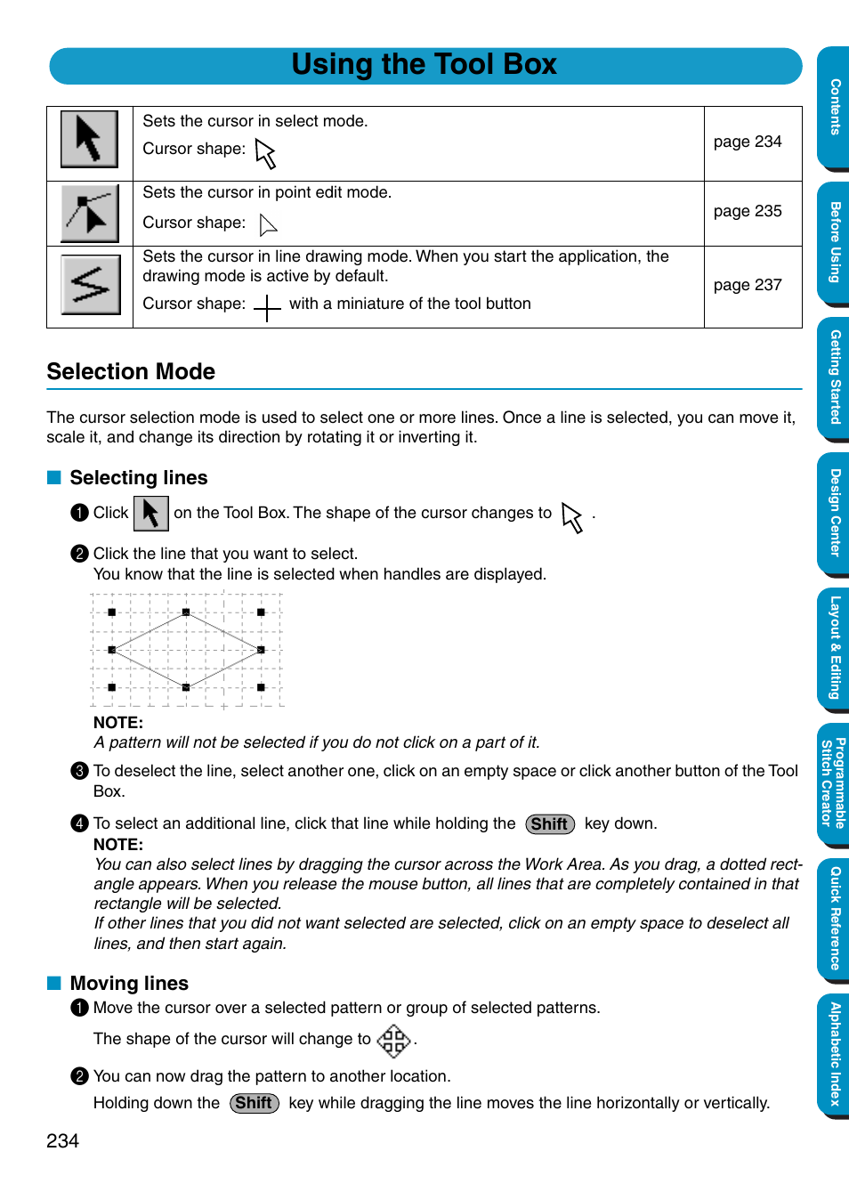 Using the tool box, Selection mode, Selecting lines | Moving lines, Selecting lines • moving lines, Selecting lines 1, Moving lines 1 | Brother PE-DESIGN Ver.5 User Manual | Page 242 / 274