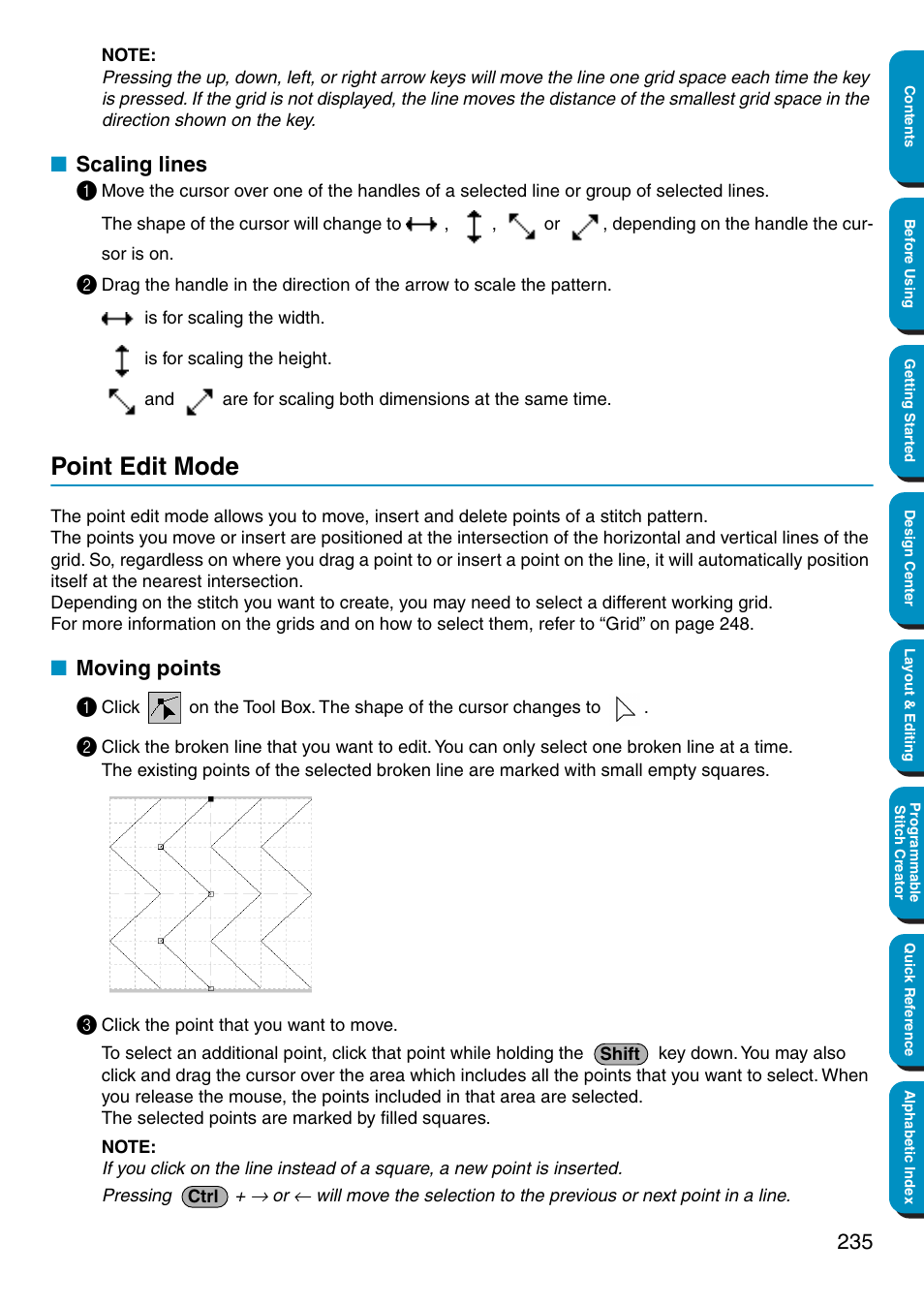 Scaling lines, Point edit mode, Moving points | Scaling lines 1, Moving points 1 | Brother PE-DESIGN Ver.5 User Manual | Page 243 / 274
