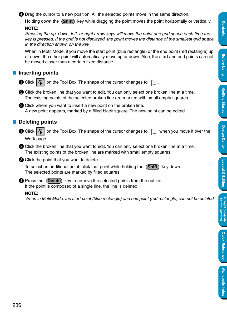 Inserting points, Deleting points, Inserting points • deleting points | Inserting points 1, Deleting points 1 | Brother PE-DESIGN Ver.5 User Manual | Page 244 / 274