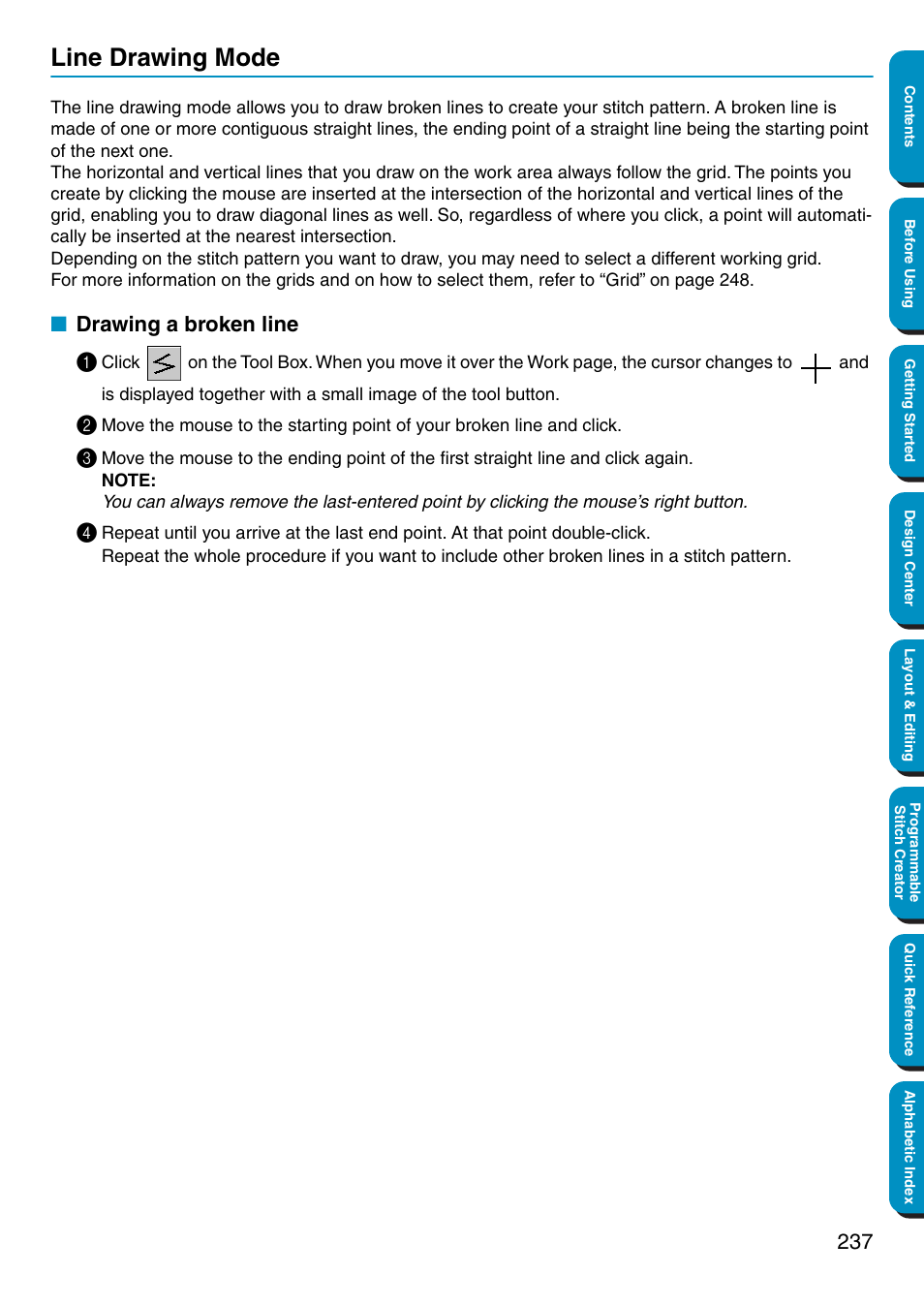 Line drawing mode, Drawing a broken line, Drawing a broken line 1 | Brother PE-DESIGN Ver.5 User Manual | Page 245 / 274
