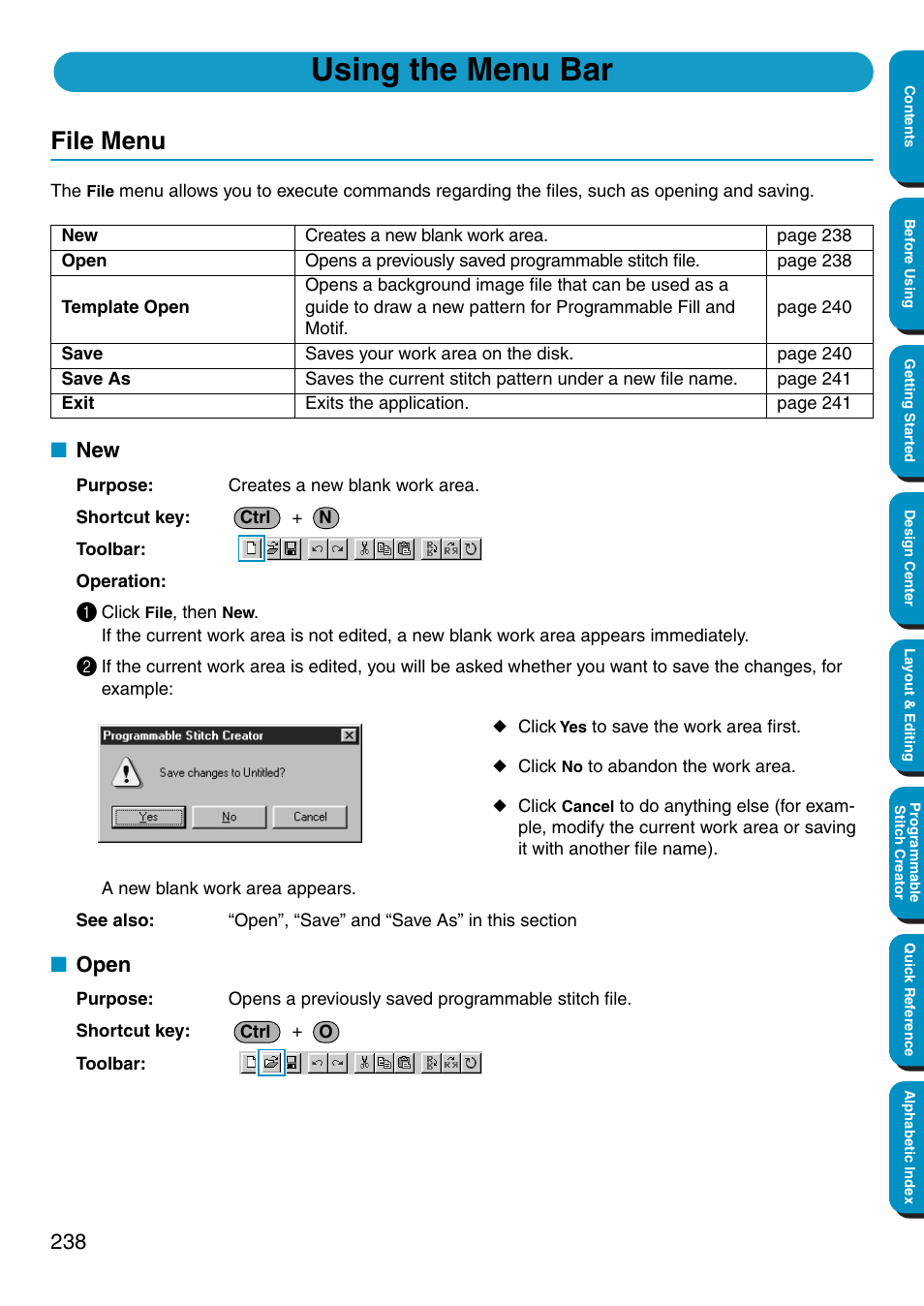 Using the menu bar, File menu, Open | New • open | Brother PE-DESIGN Ver.5 User Manual | Page 246 / 274