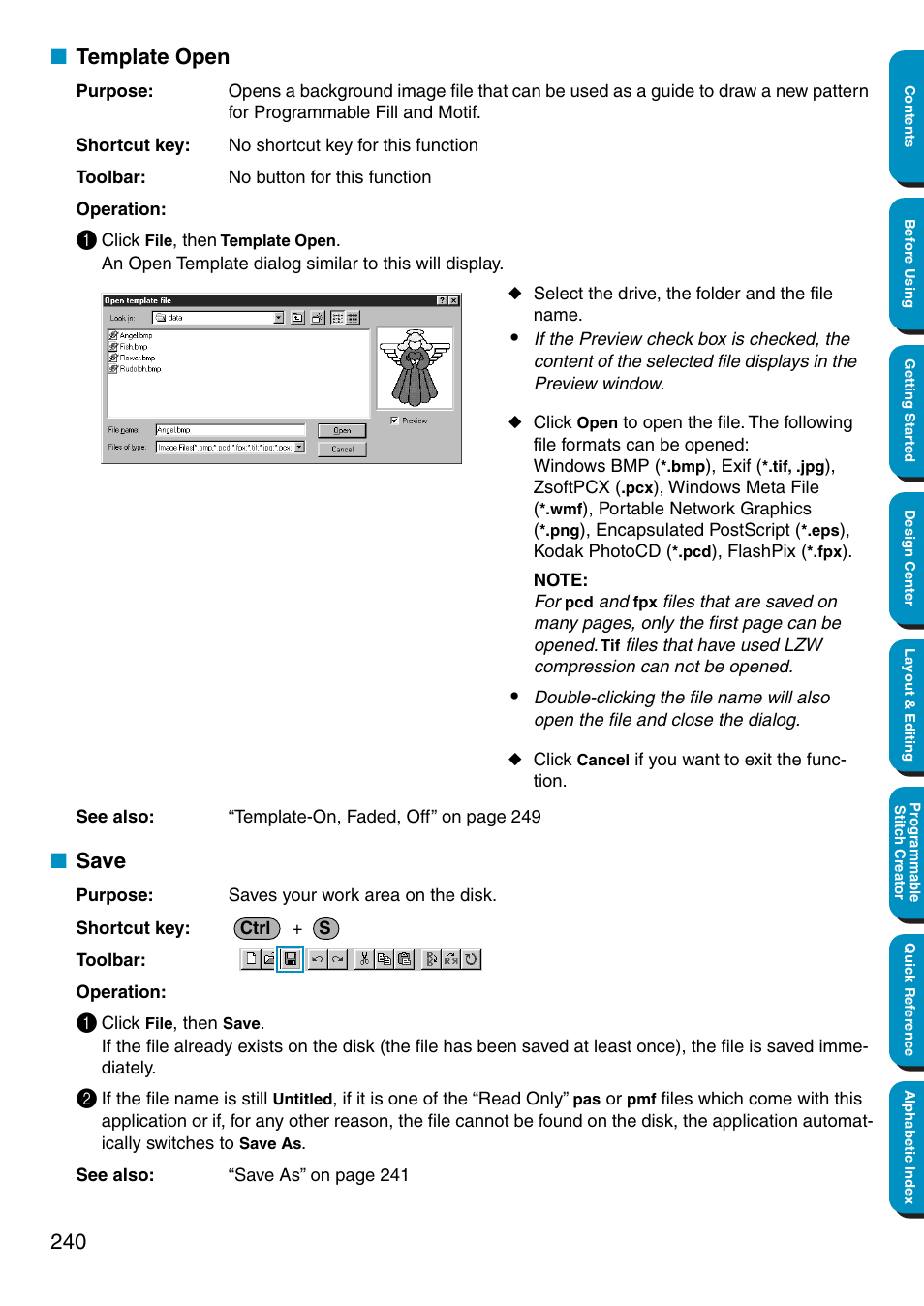 Template open, Save, Template open • save | Brother PE-DESIGN Ver.5 User Manual | Page 248 / 274