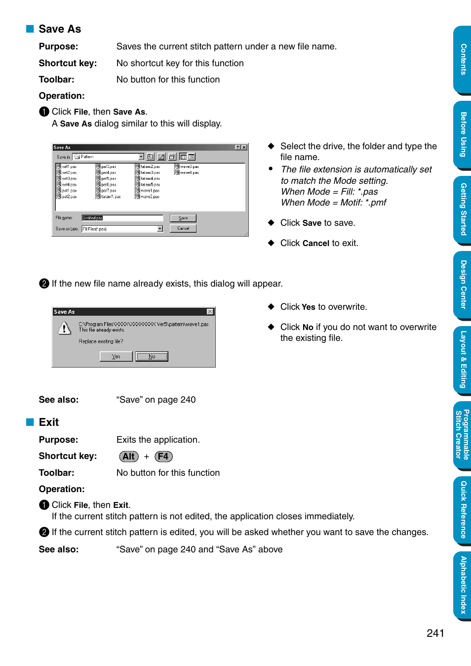 Save as, Exit, Save as • exit | And “save as” in this section | Brother PE-DESIGN Ver.5 User Manual | Page 249 / 274