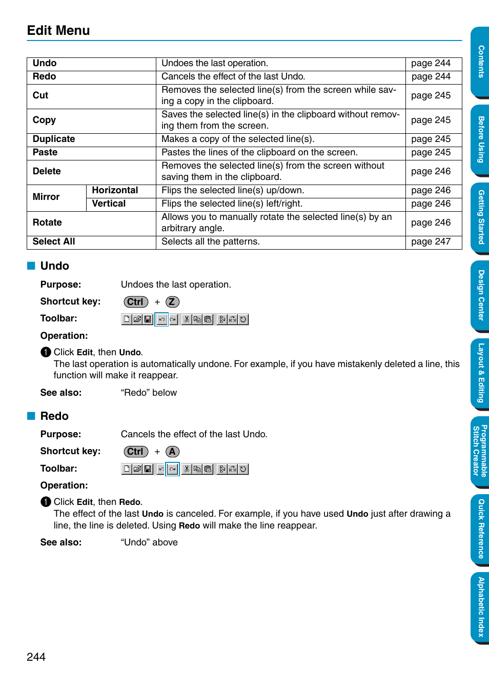 Edit menu, Undo, Redo | Undo • redo | Brother PE-DESIGN Ver.5 User Manual | Page 252 / 274