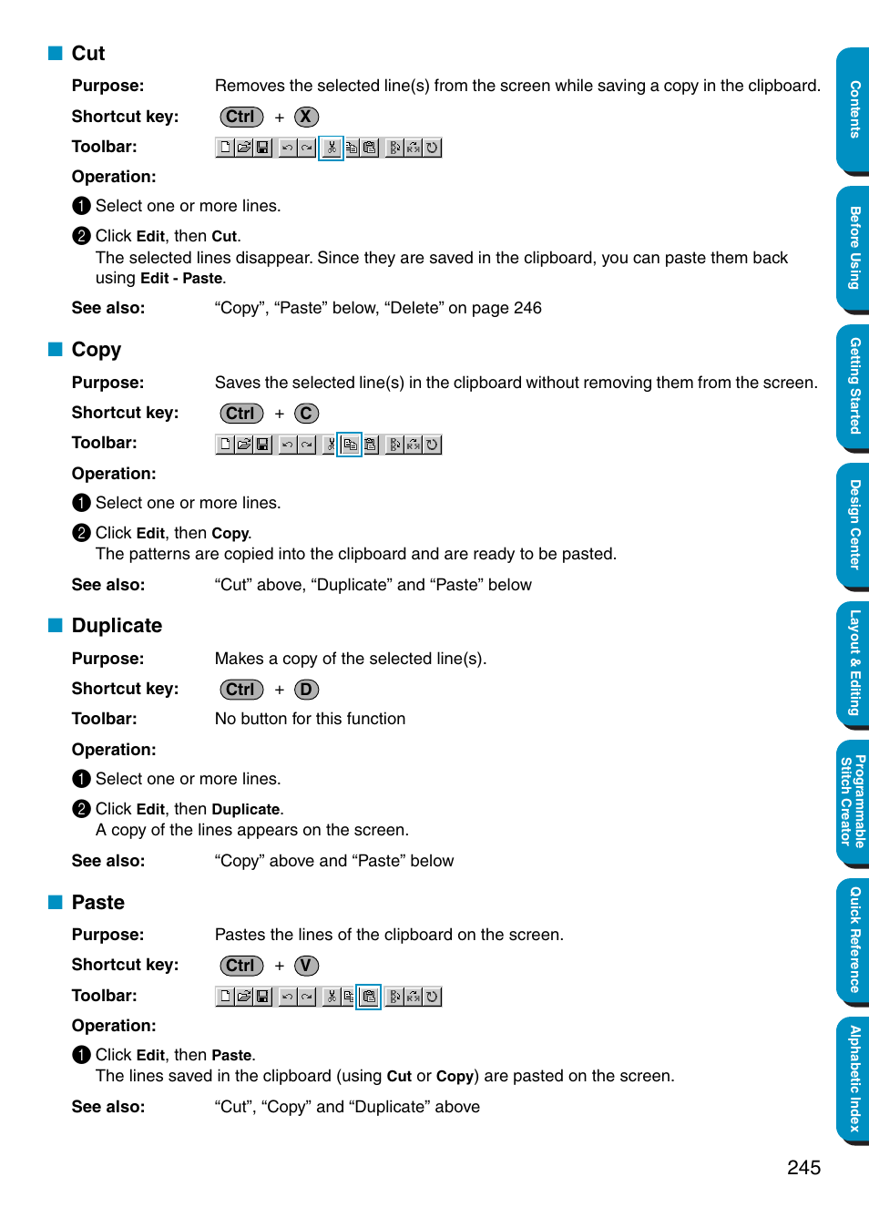 Copy, Duplicate, Paste | Cut • copy • duplicate • paste | Brother PE-DESIGN Ver.5 User Manual | Page 253 / 274