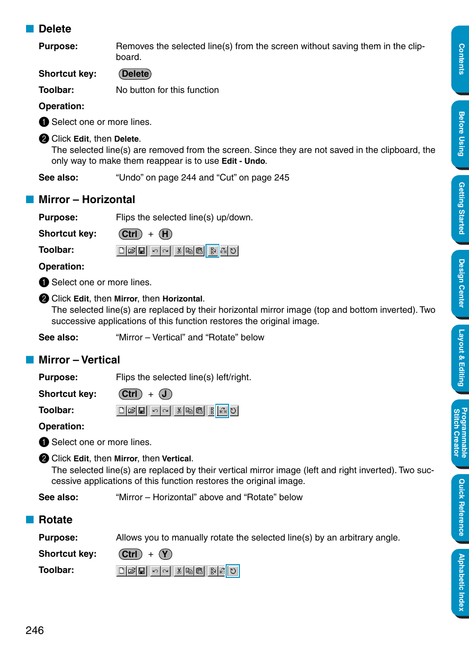 Delete, Mirror – horizontal, Mirror – vertical | Rotate | Brother PE-DESIGN Ver.5 User Manual | Page 254 / 274