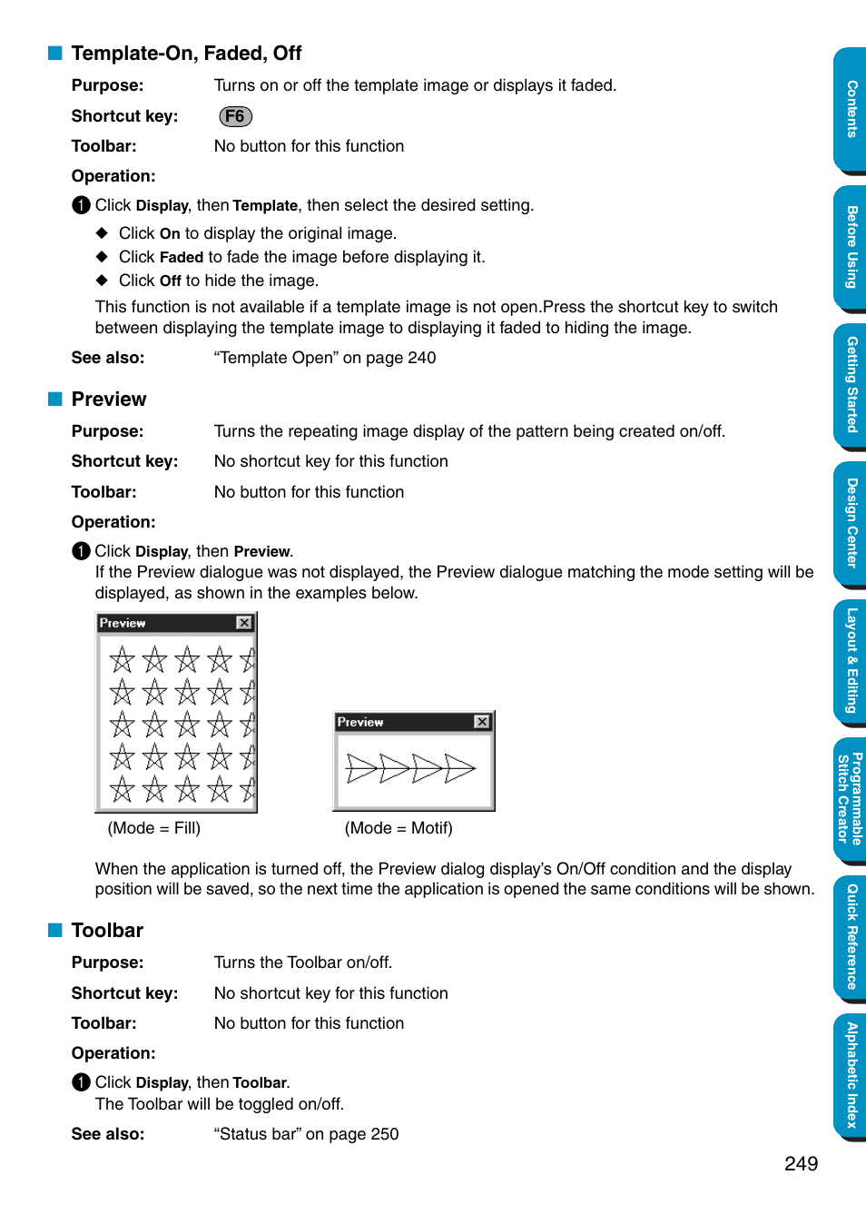 Template-on, faded, off, Preview, Toolbar | Template-on, faded, off • preview • toolbar | Brother PE-DESIGN Ver.5 User Manual | Page 257 / 274