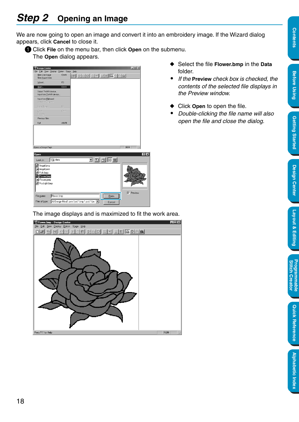 Step 2 opening an image, Opening an image, Step 2 | Brother PE-DESIGN Ver.5 User Manual | Page 26 / 274