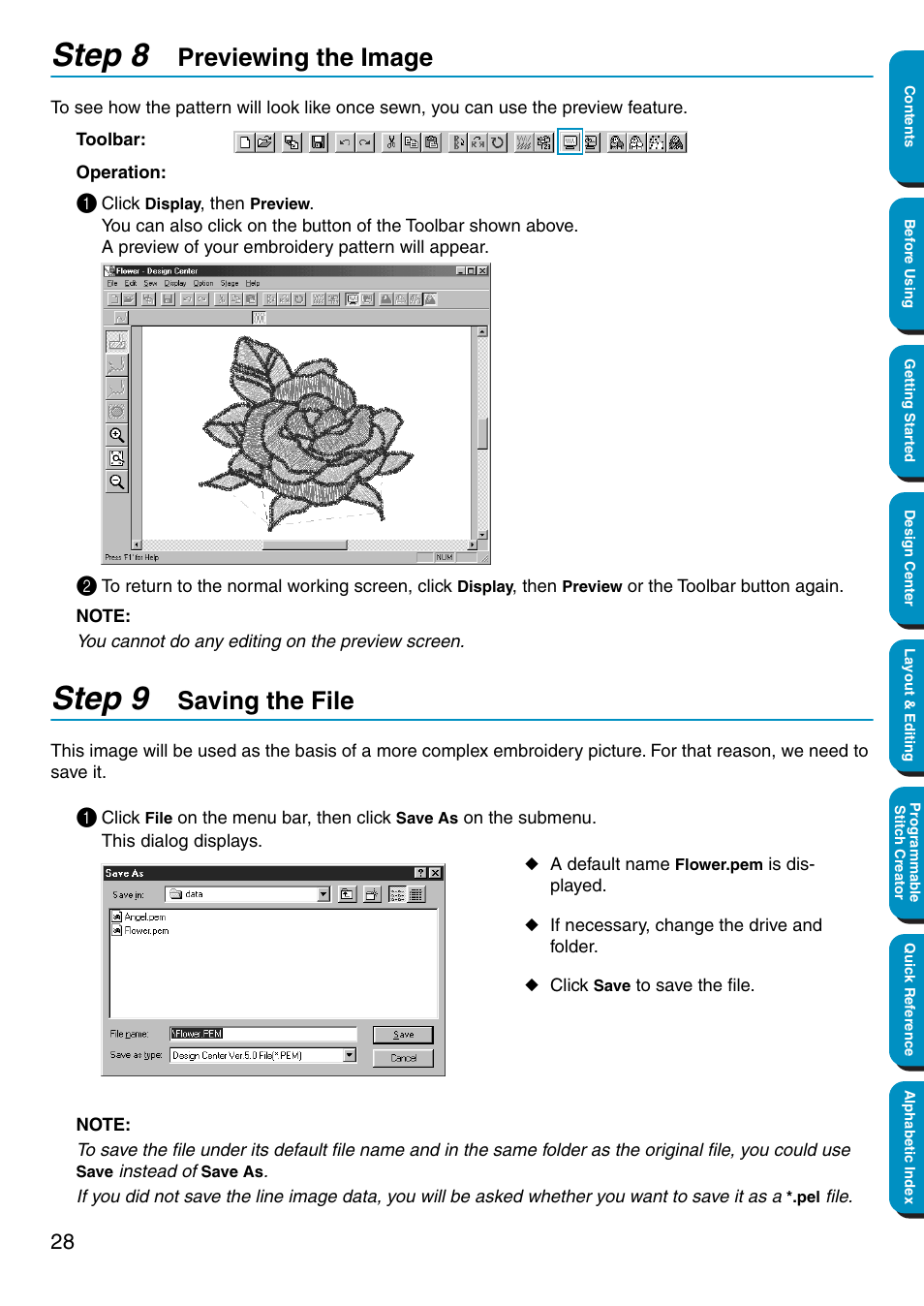 Step 8 previewing the image, Step 9 saving the file, Previewing the image saving the file | Step 8, Step 9, Previewing the image, Saving the file | Brother PE-DESIGN Ver.5 User Manual | Page 36 / 274