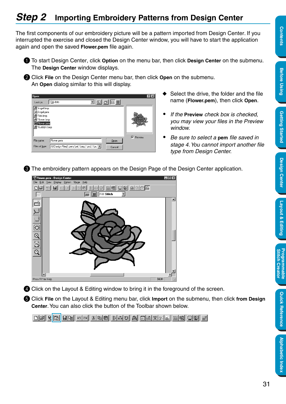 Step 2, Importing embroidery patterns from design center | Brother PE-DESIGN Ver.5 User Manual | Page 39 / 274